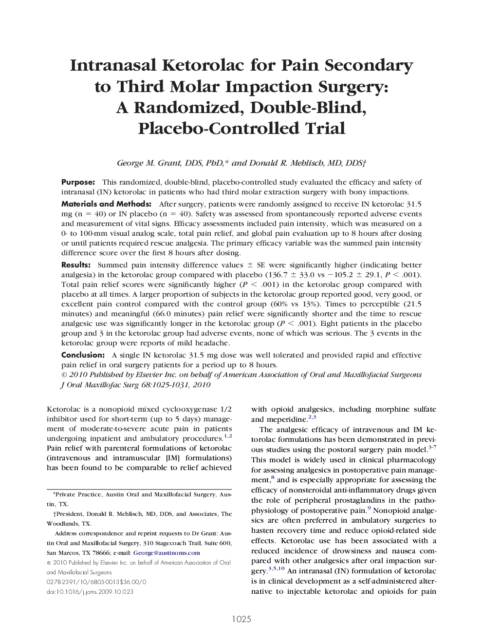 Intranasal Ketorolac for Pain Secondary to Third Molar Impaction Surgery: A Randomized, Double-Blind, Placebo-Controlled Trial