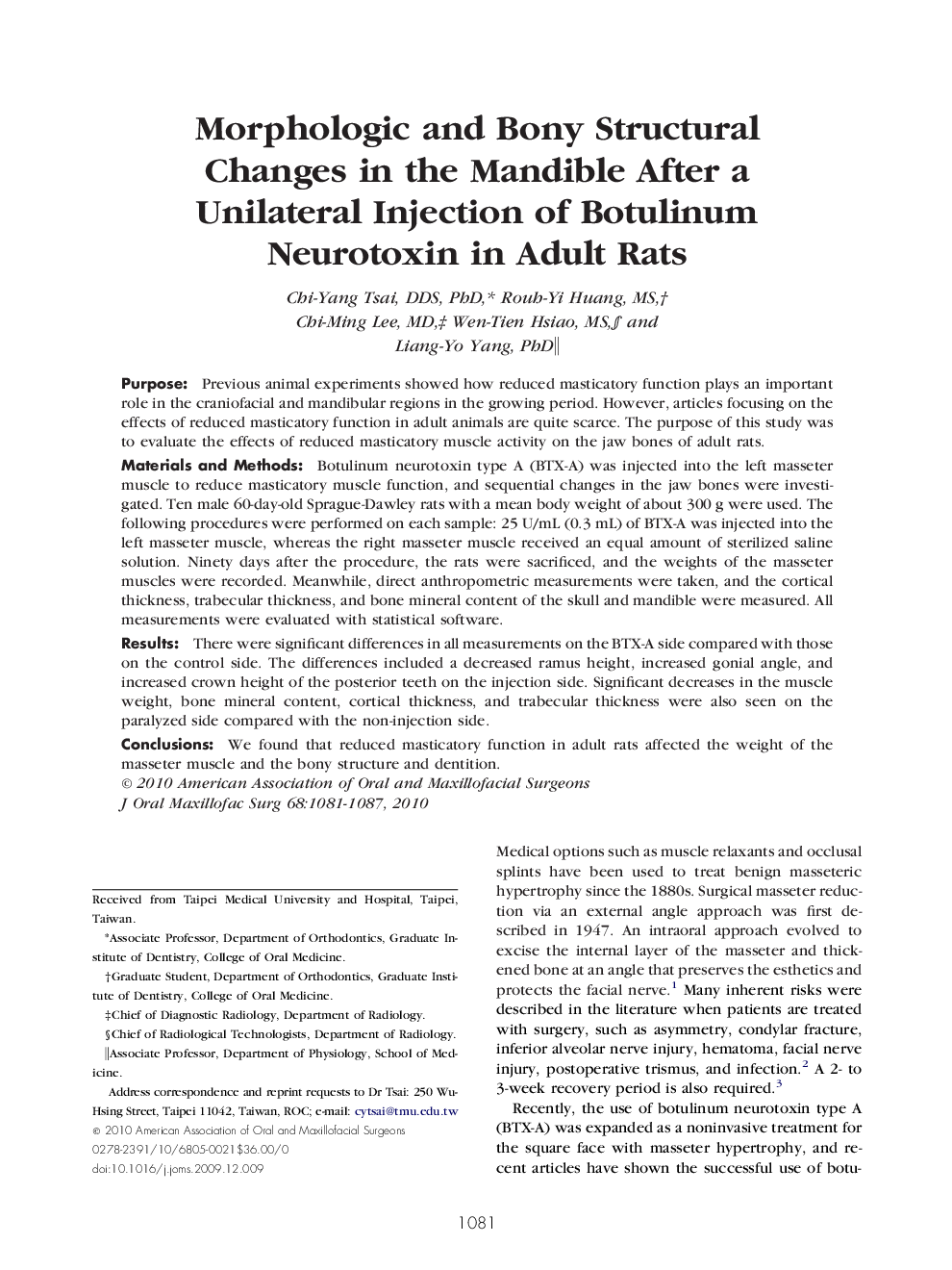 عکس صفحه اول مقاله: Morphologic and Bony Structural Changes in the Mandible After a Unilateral Injection of Botulinum Neurotoxin in Adult Rats Morphologic and Bony Structural Changes in the Mandible After a Unilateral Injection of Botulinum Neurotoxin in Adult Rats