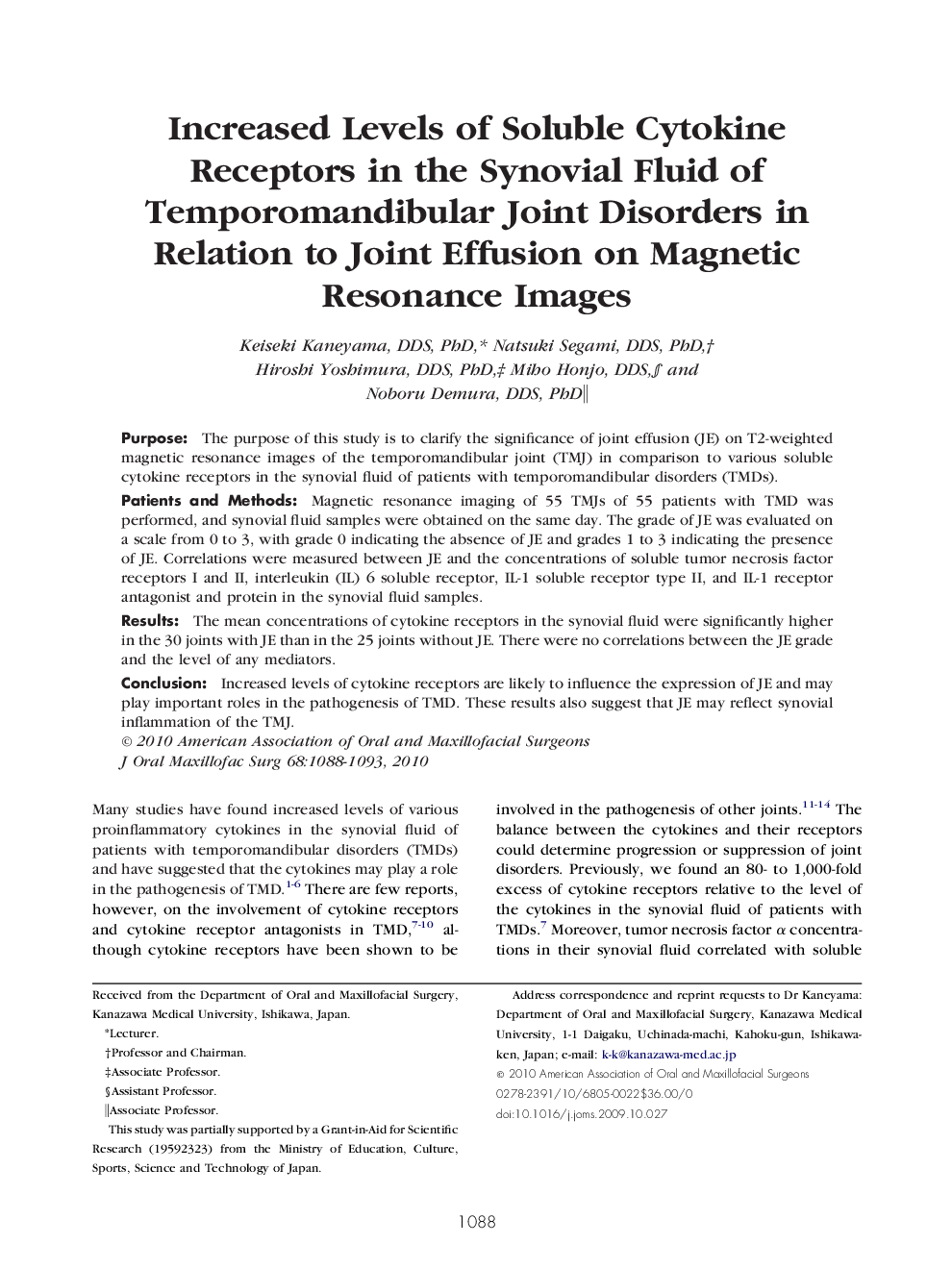 Increased Levels of Soluble Cytokine Receptors in the Synovial Fluid of Temporomandibular Joint Disorders in Relation to Joint Effusion on Magnetic Resonance Images