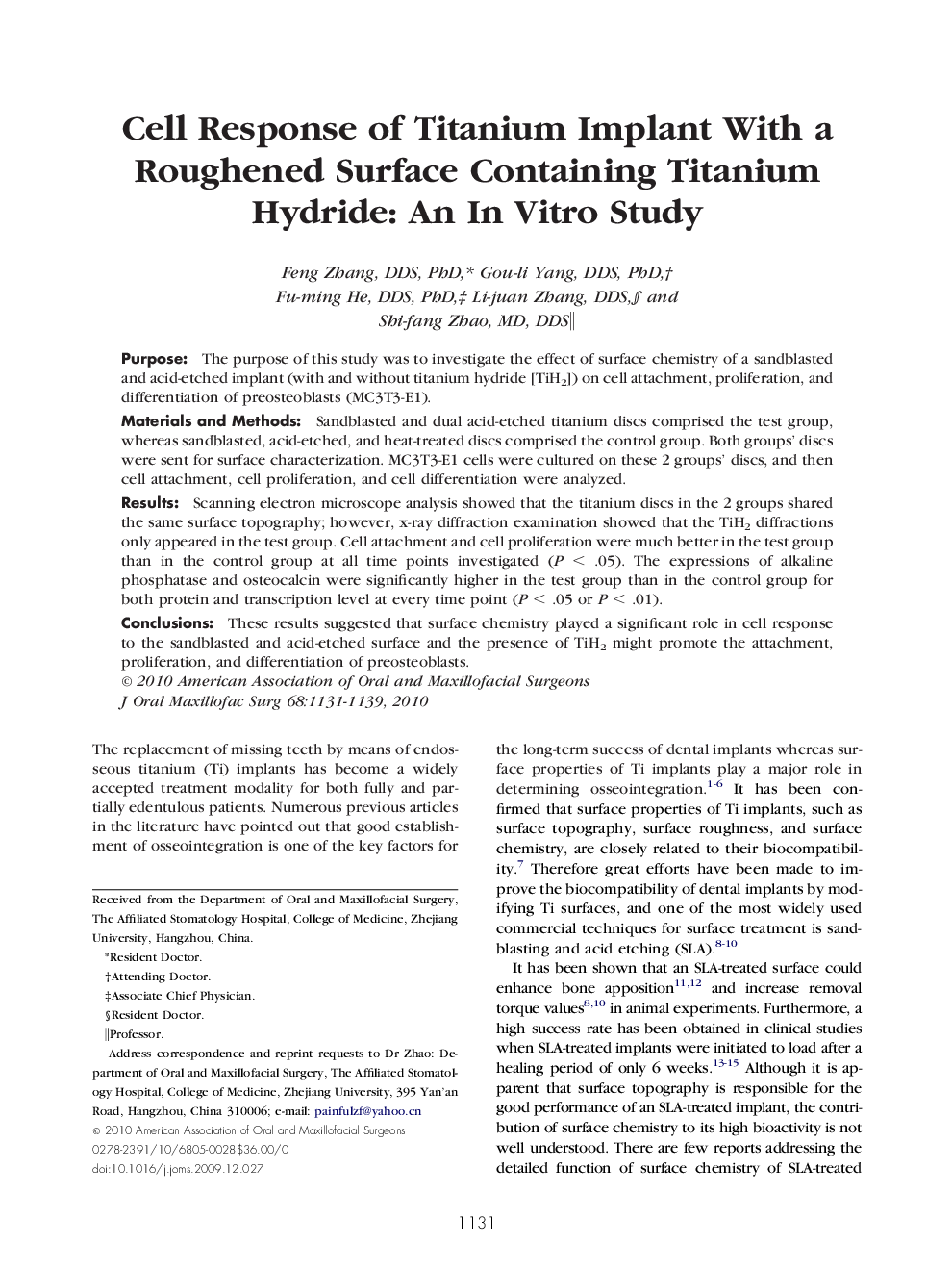 Cell Response of Titanium Implant With a Roughened Surface Containing Titanium Hydride: An In Vitro Study