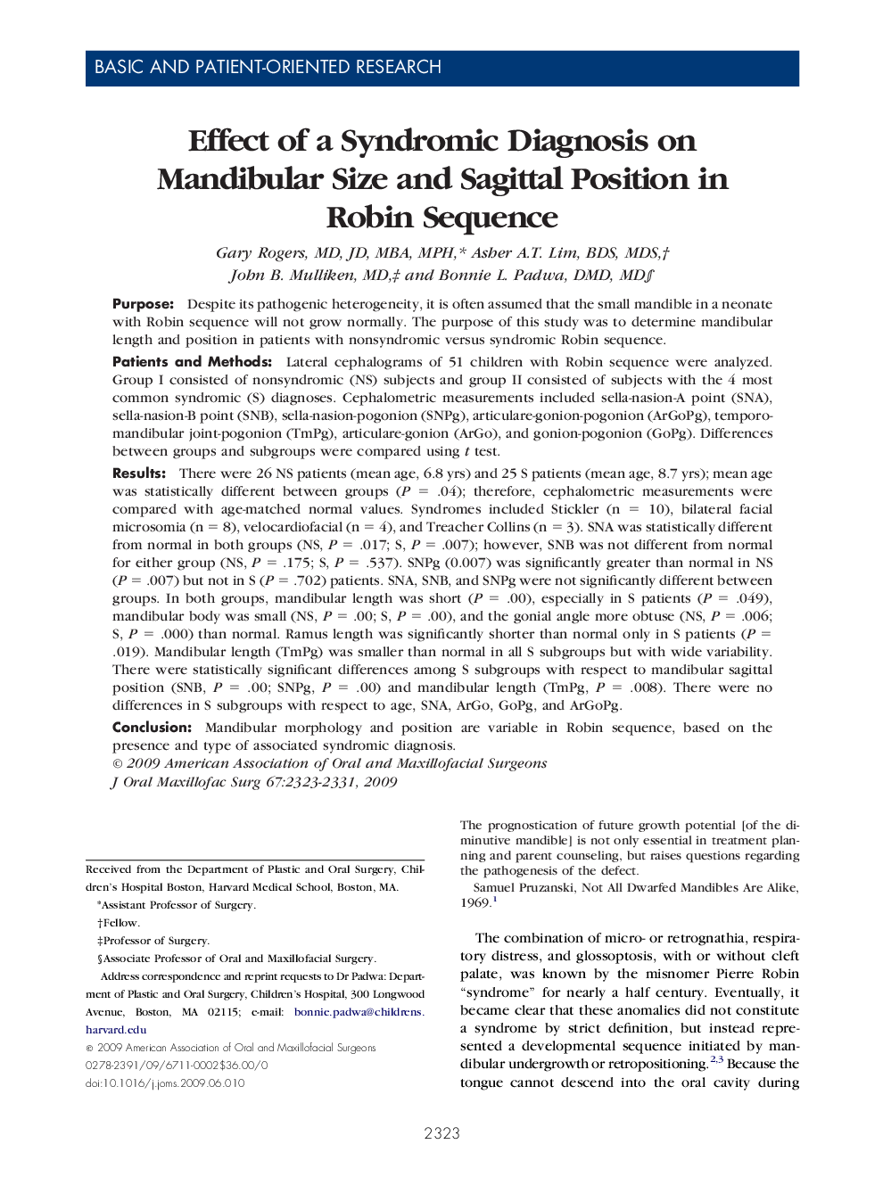 Effect of a Syndromic Diagnosis on Mandibular Size and Sagittal Position in Robin Sequence