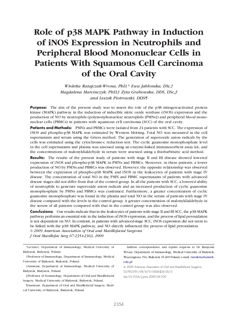 Role of p38 MAPK Pathway in Induction of iNOS Expression in Neutrophils and Peripheral Blood Mononuclear Cells in Patients With Squamous Cell Carcinoma of the Oral Cavity