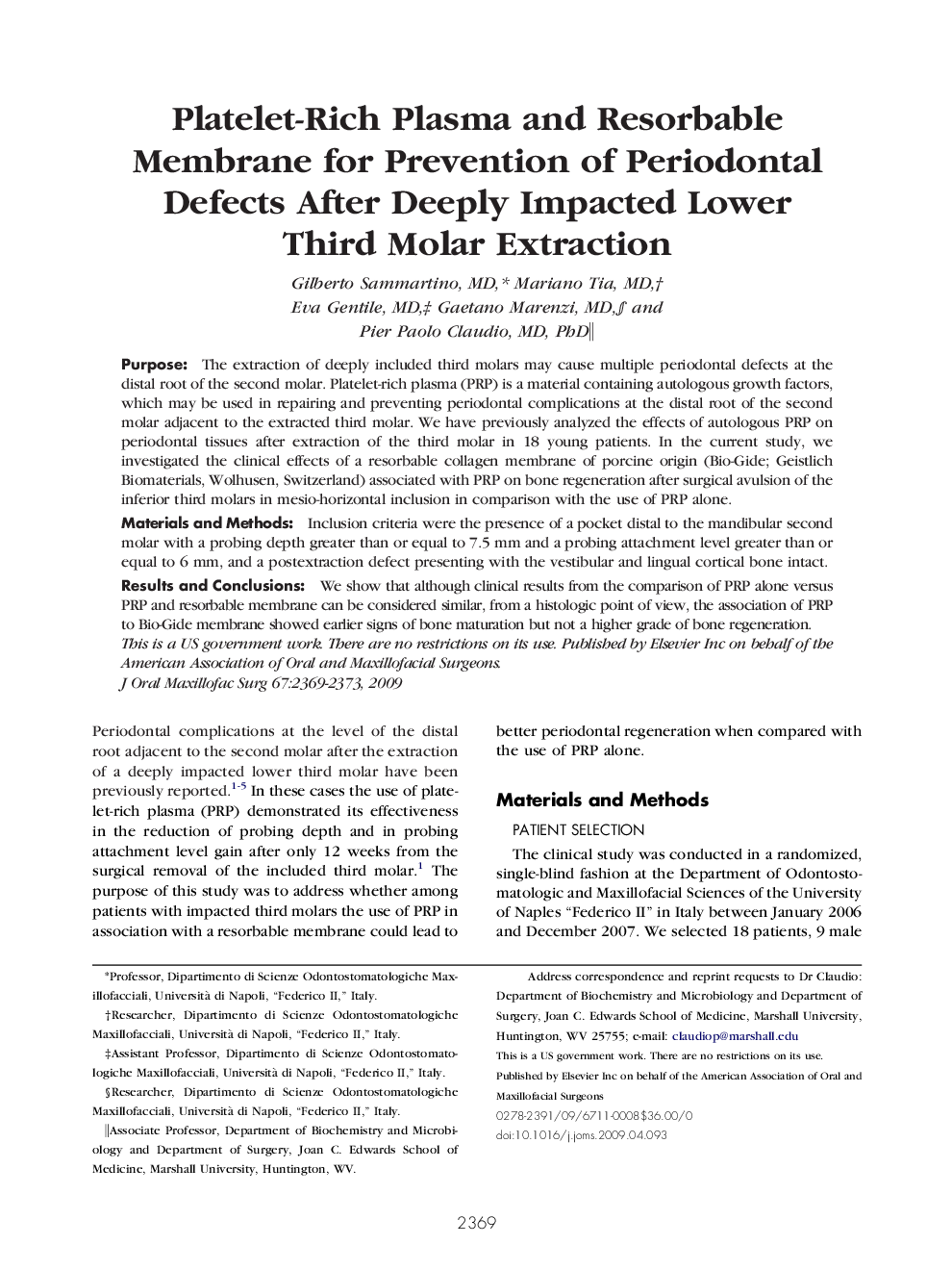 Platelet-Rich Plasma and Resorbable Membrane for Prevention of Periodontal Defects After Deeply Impacted Lower Third Molar Extraction 
