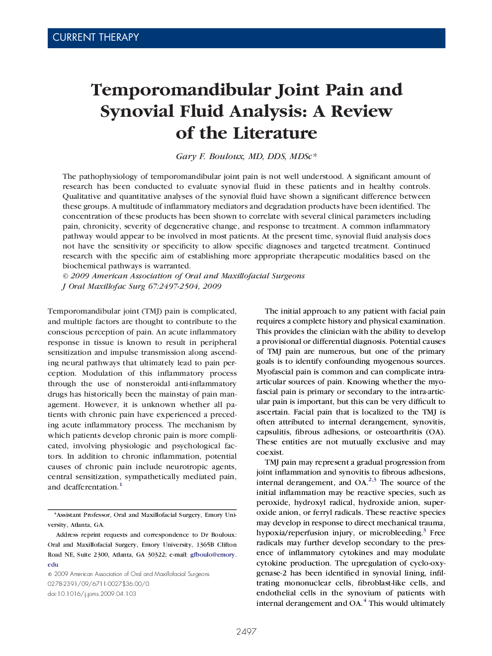 Temporomandibular Joint Pain and Synovial Fluid Analysis: A Review of the Literature