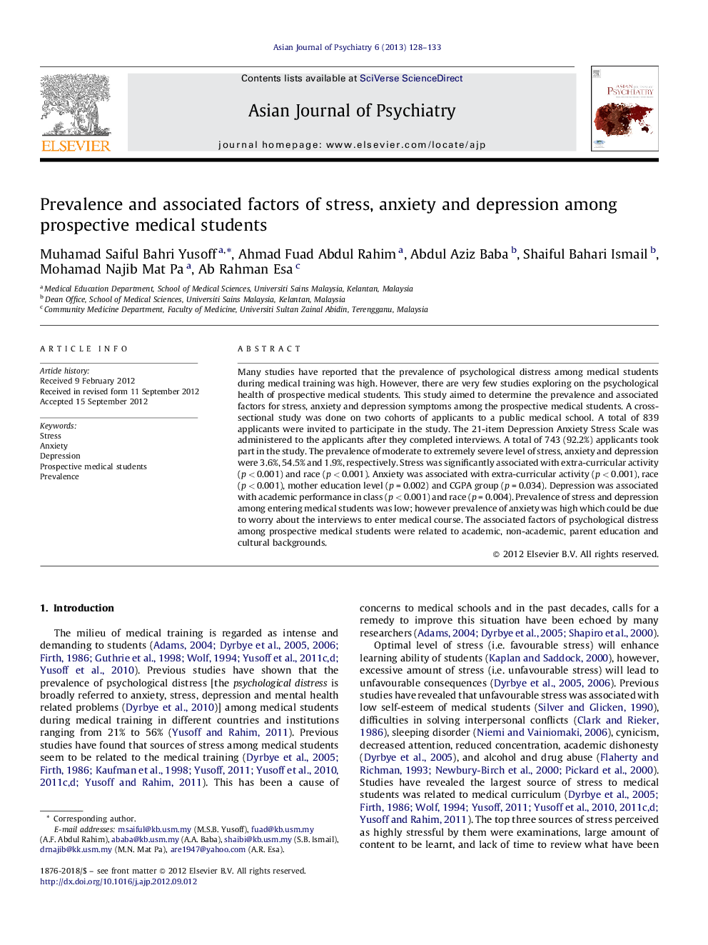 Prevalence and associated factors of stress, anxiety and depression among prospective medical students