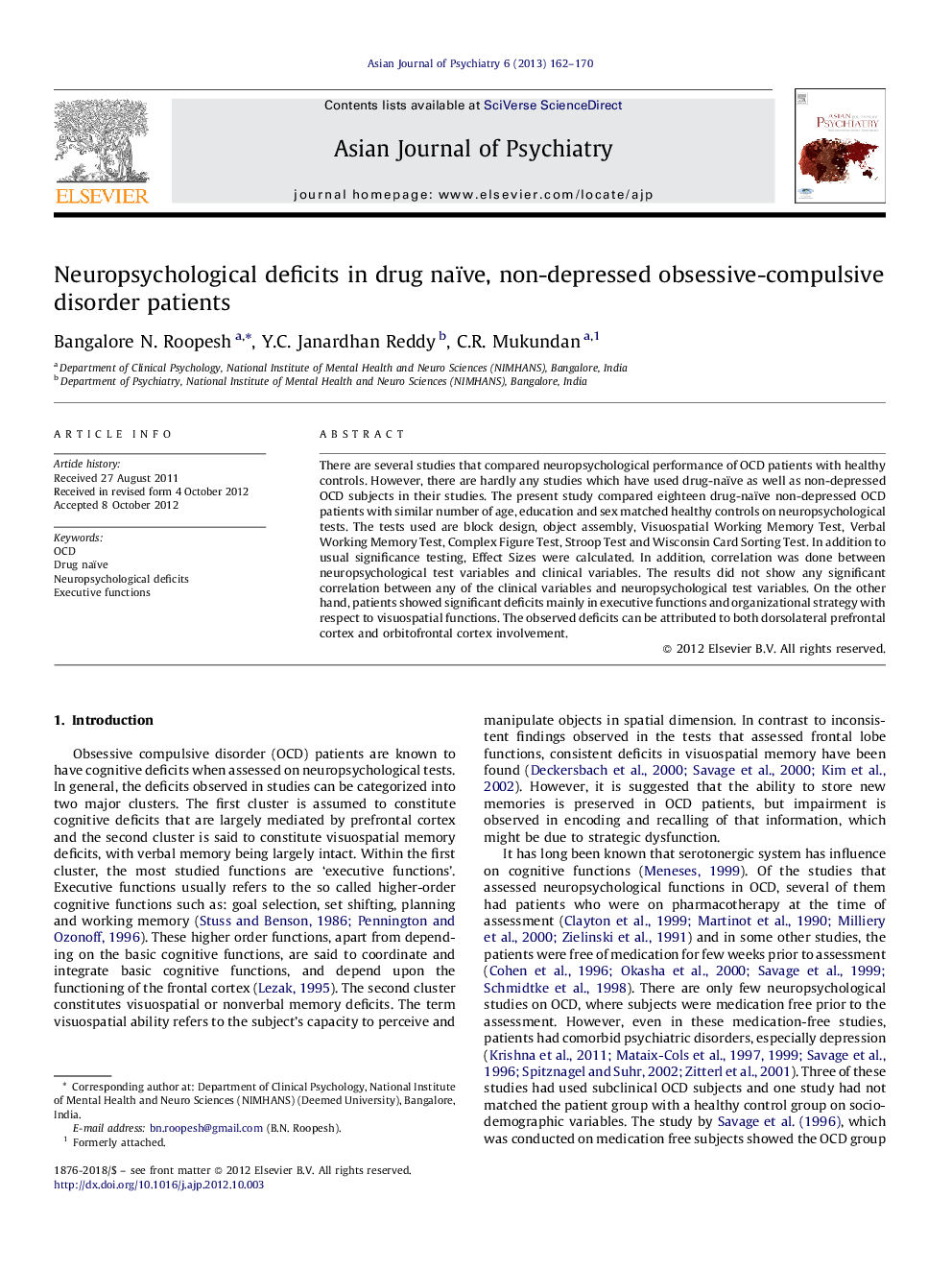 Neuropsychological deficits in drug naïve, non-depressed obsessive-compulsive disorder patients