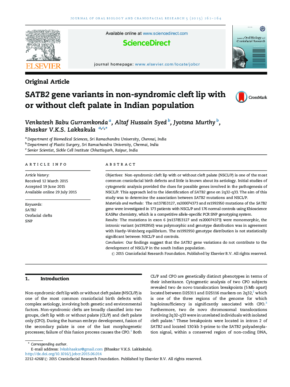 SATB2 gene variants in non-syndromic cleft lip with or without cleft palate in Indian population