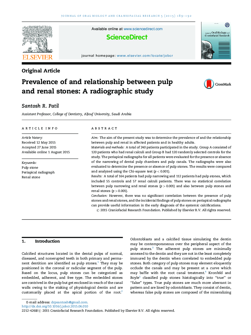 Prevalence of and relationship between pulp and renal stones: A radiographic study