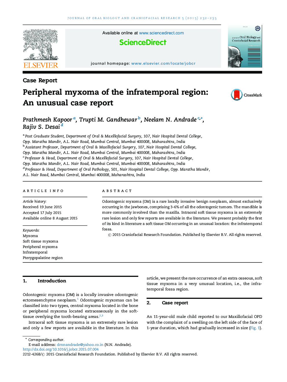 Peripheral myxoma of the infratemporal region: An unusual case report