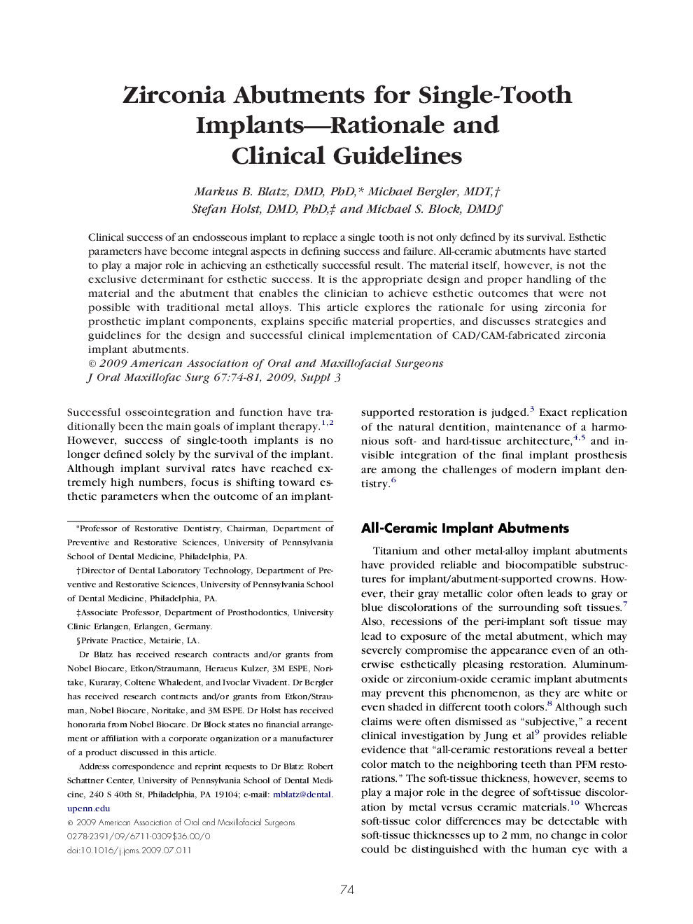 Zirconia Abutments for Single-Tooth Implants—Rationale and Clinical Guidelines 