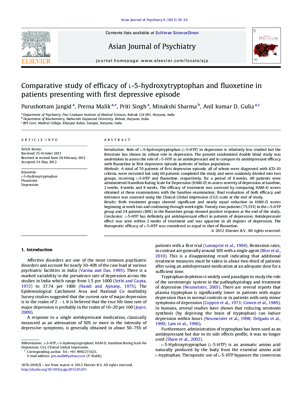 Comparative study of efficacy of l-5-hydroxytryptophan and fluoxetine in patients presenting with first depressive episode