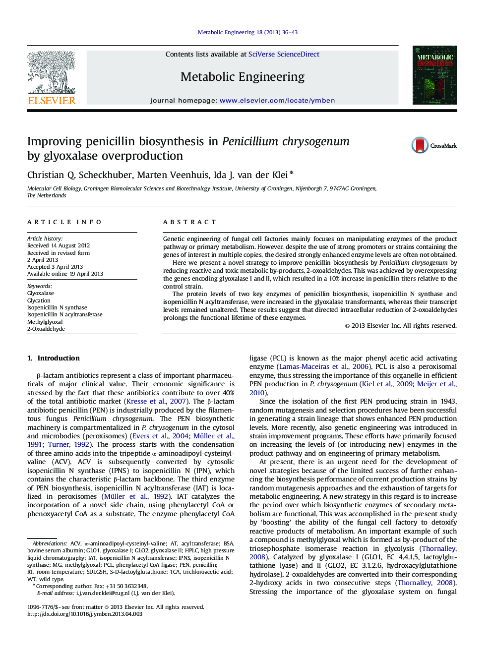 Improving penicillin biosynthesis in Penicillium chrysogenum by glyoxalase overproduction