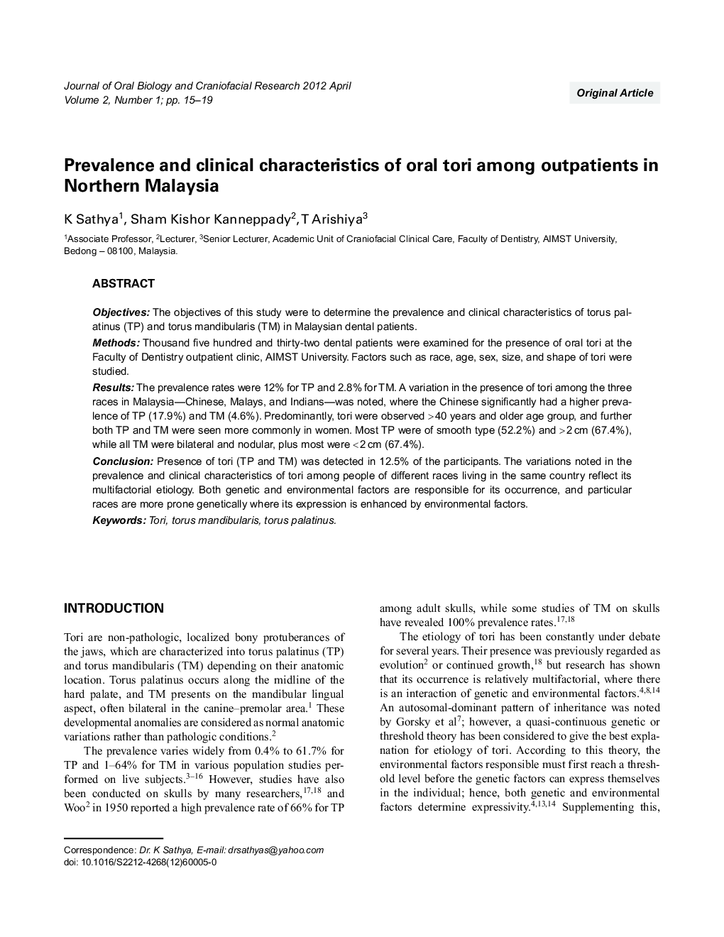 Prevalence and clinical characteristics of oral tori among outpatients in Northern Malaysia