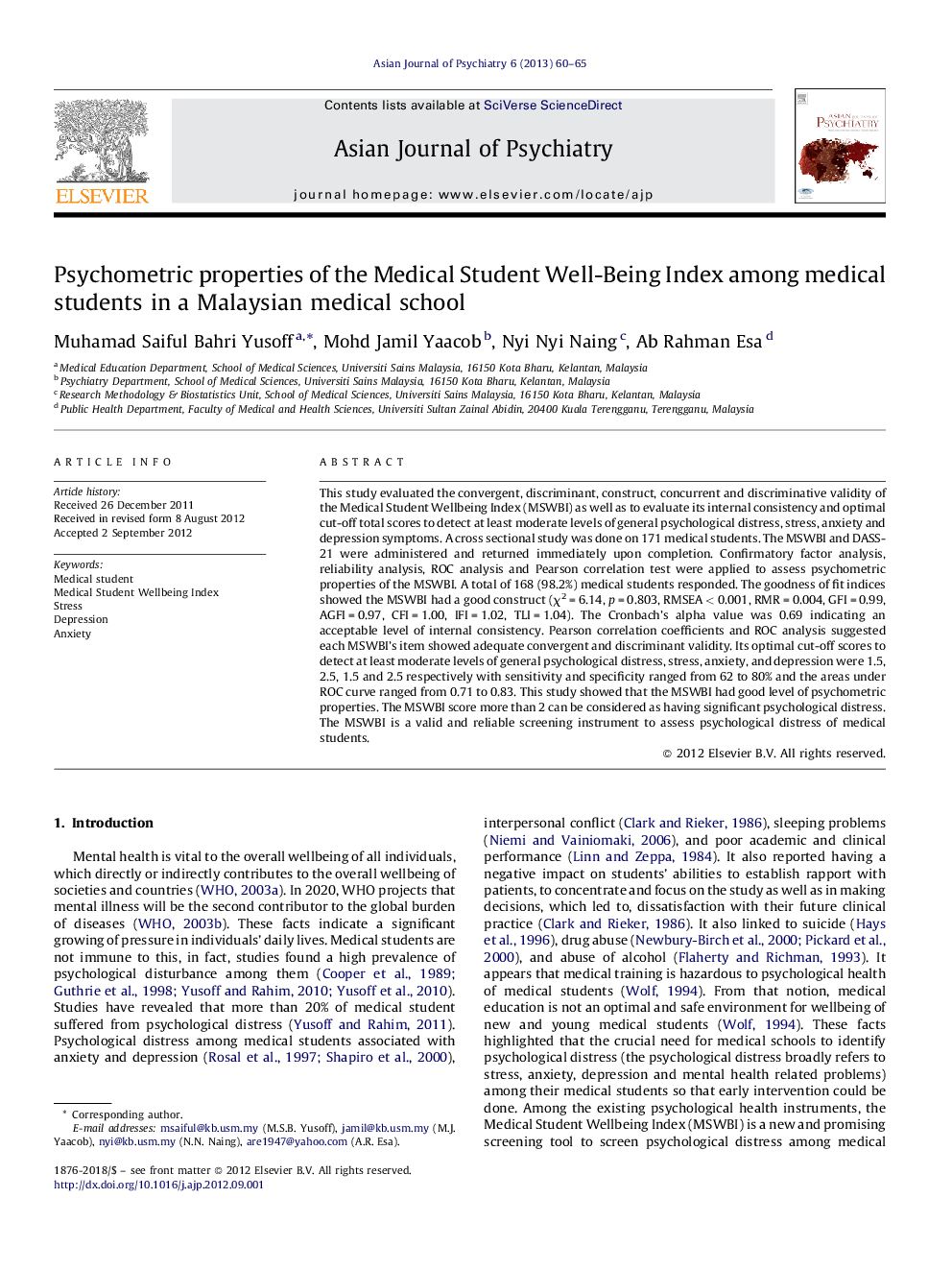 Psychometric properties of the Medical Student Well-Being Index among medical students in a Malaysian medical school