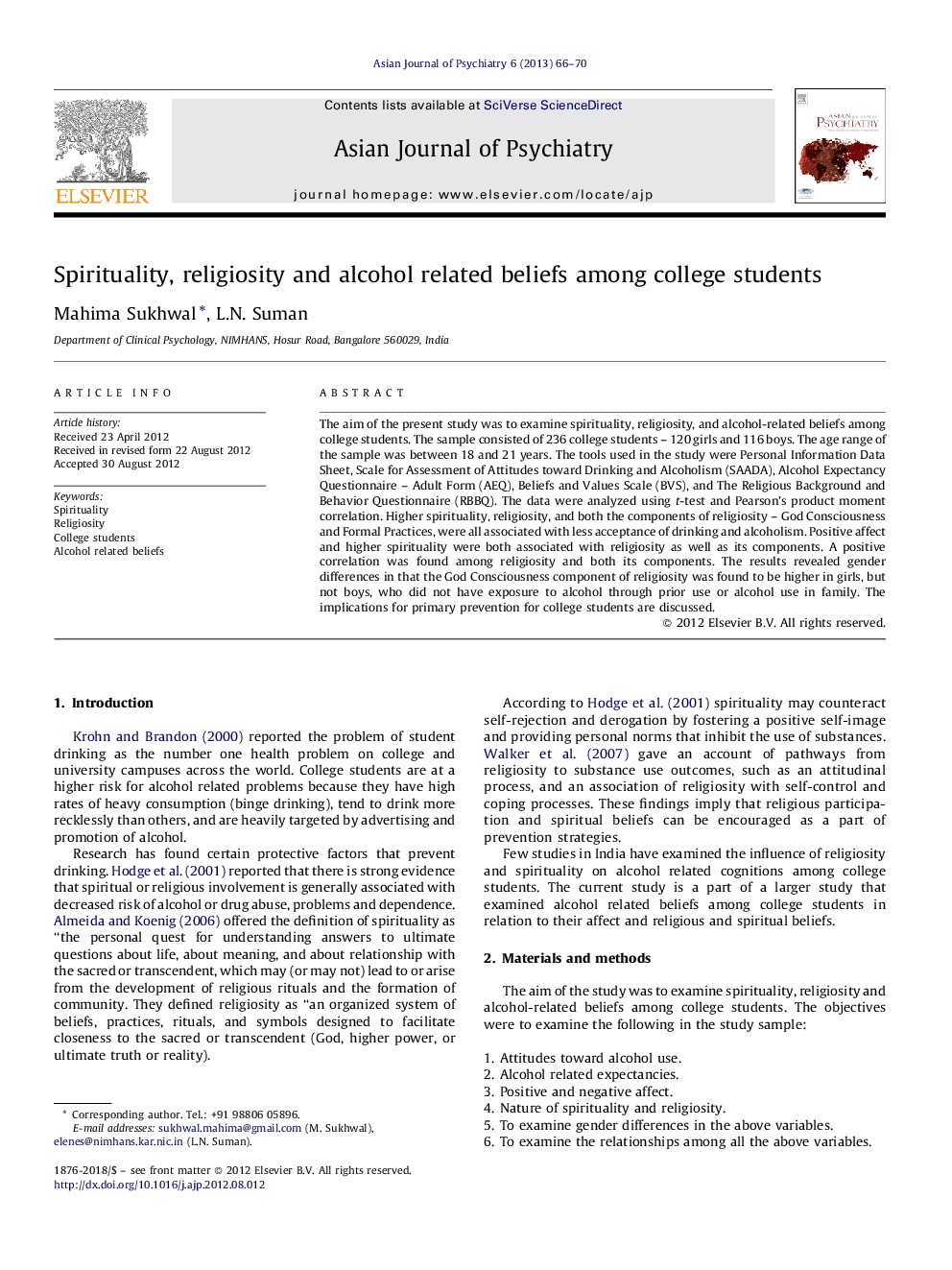 Spirituality, religiosity and alcohol related beliefs among college students