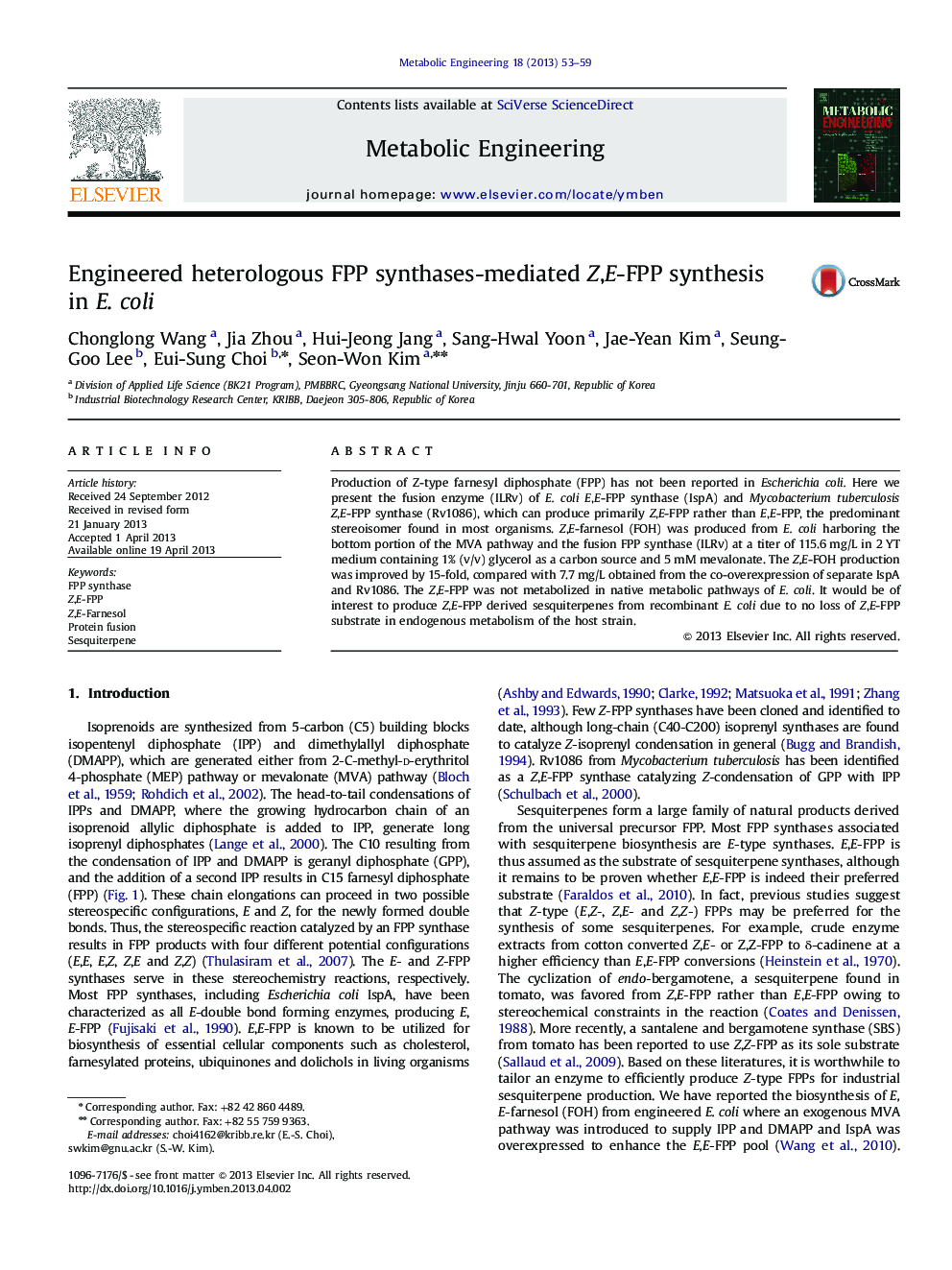 Engineered heterologous FPP synthases-mediated Z,E-FPP synthesis in E. coli