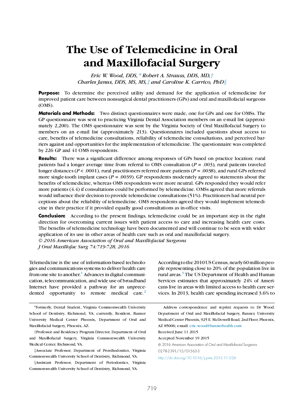 The Use of Telemedicine in Oral and Maxillofacial Surgery