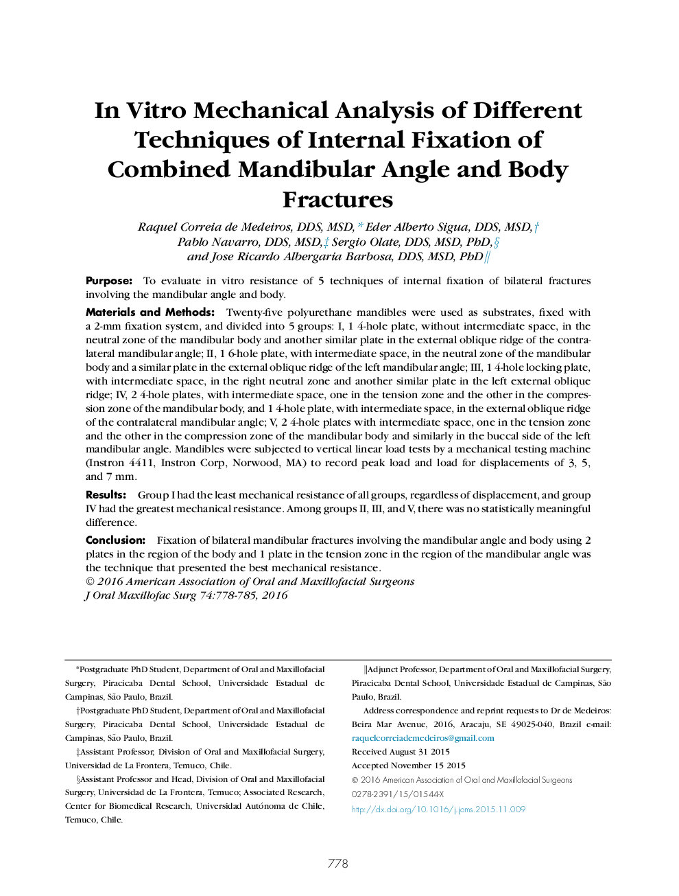 In Vitro Mechanical Analysis of Different Techniques of Internal Fixation of Combined Mandibular Angle and Body Fractures