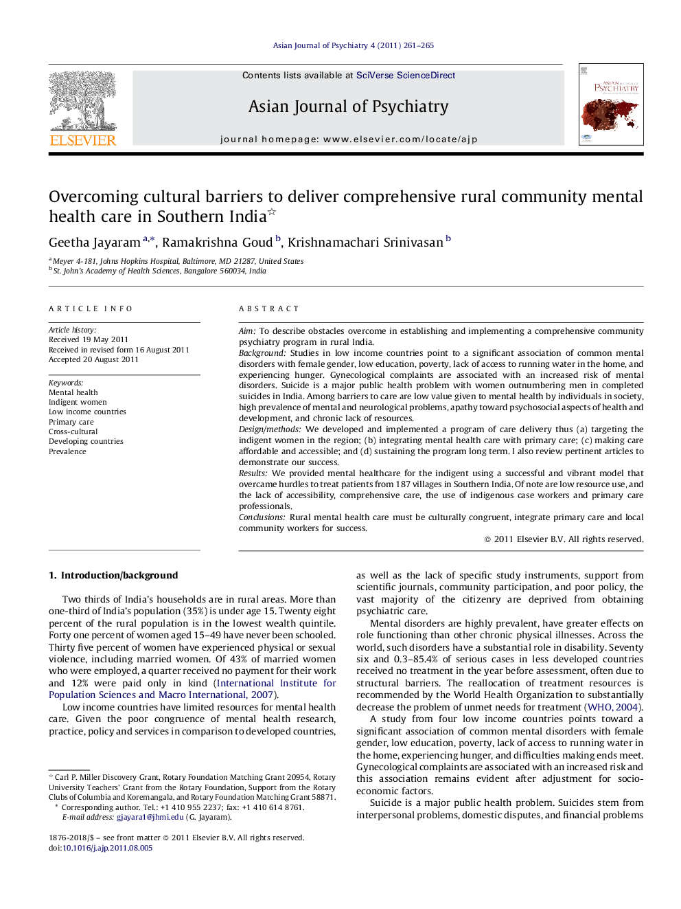 Overcoming cultural barriers to deliver comprehensive rural community mental health care in Southern India 