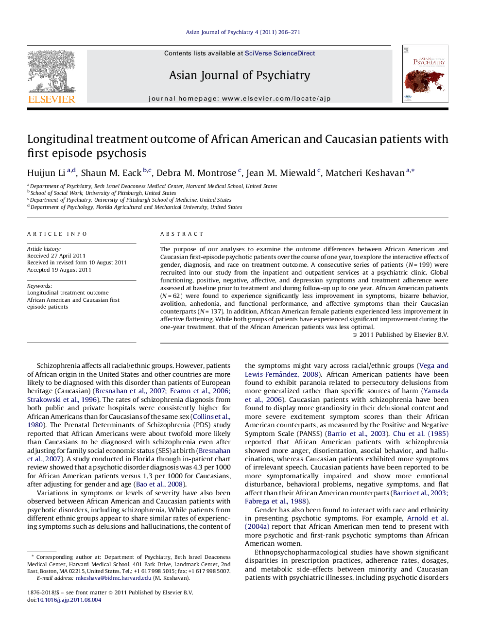 Longitudinal treatment outcome of African American and Caucasian patients with first episode psychosis