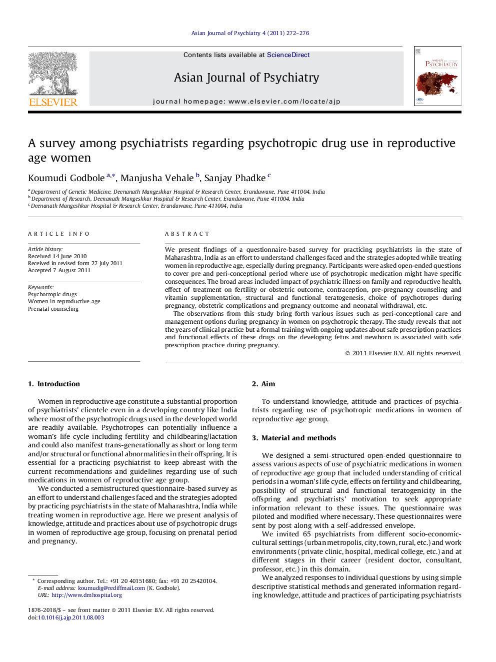 عکس صفحه اول مقاله: A survey among psychiatrists regarding psychotropic drug use in reproductive age women A survey among psychiatrists regarding psychotropic drug use in reproductive age women