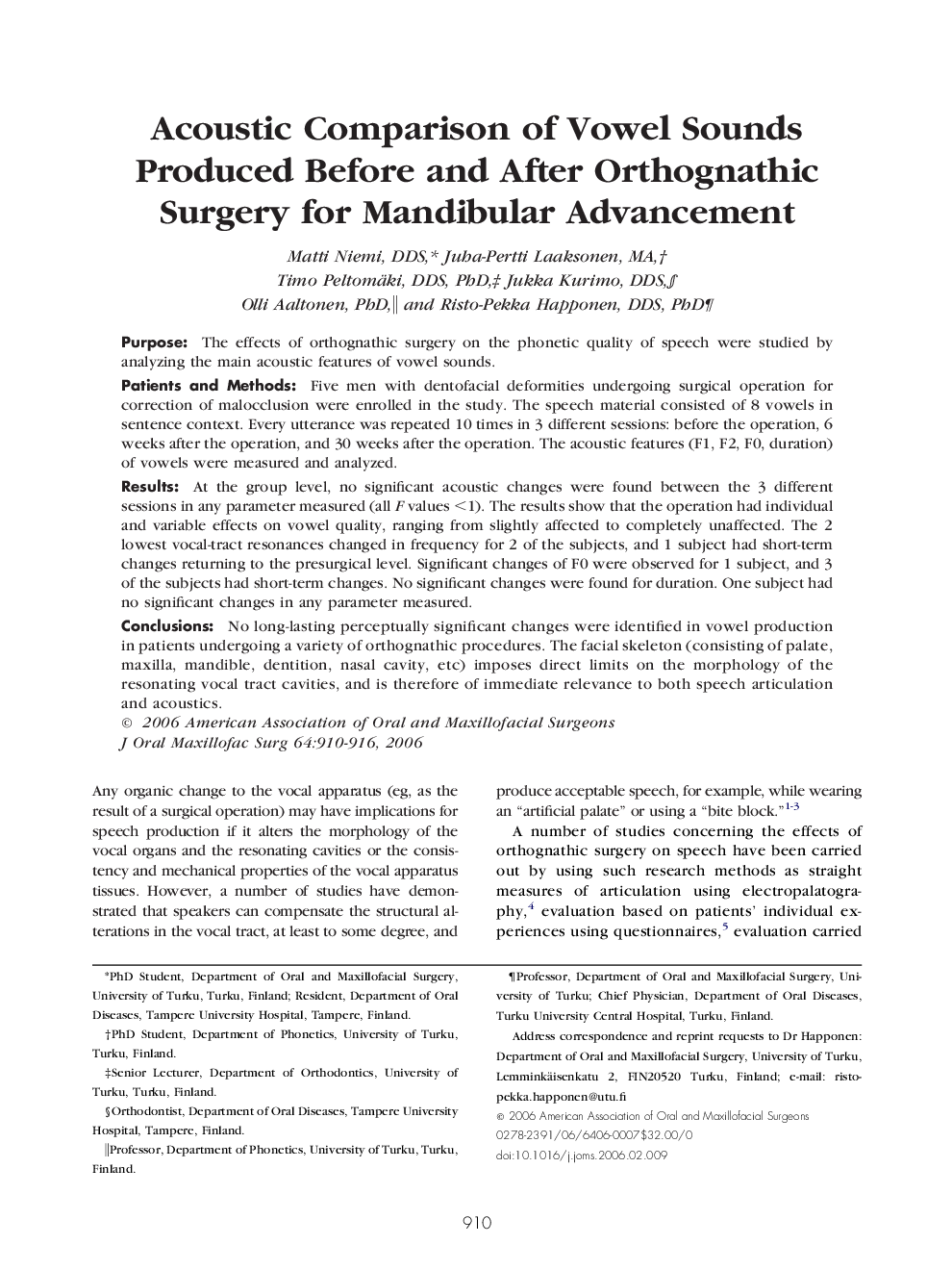 Acoustic Comparison of Vowel Sounds Produced Before and After Orthognathic Surgery for Mandibular Advancement