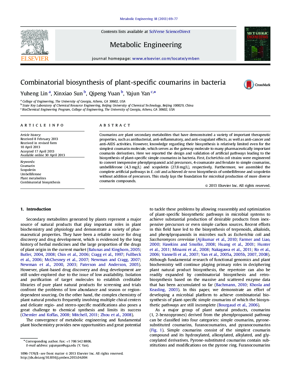 Combinatorial biosynthesis of plant-specific coumarins in bacteria