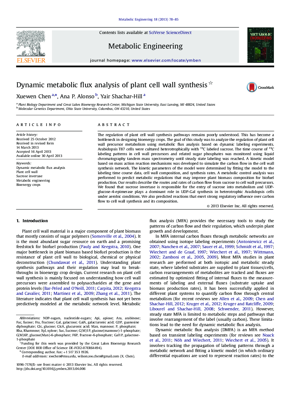 Dynamic metabolic flux analysis of plant cell wall synthesis 