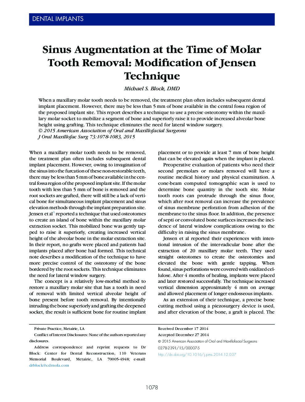 Sinus Augmentation at the Time of Molar Tooth Removal: Modification of Jensen Technique 