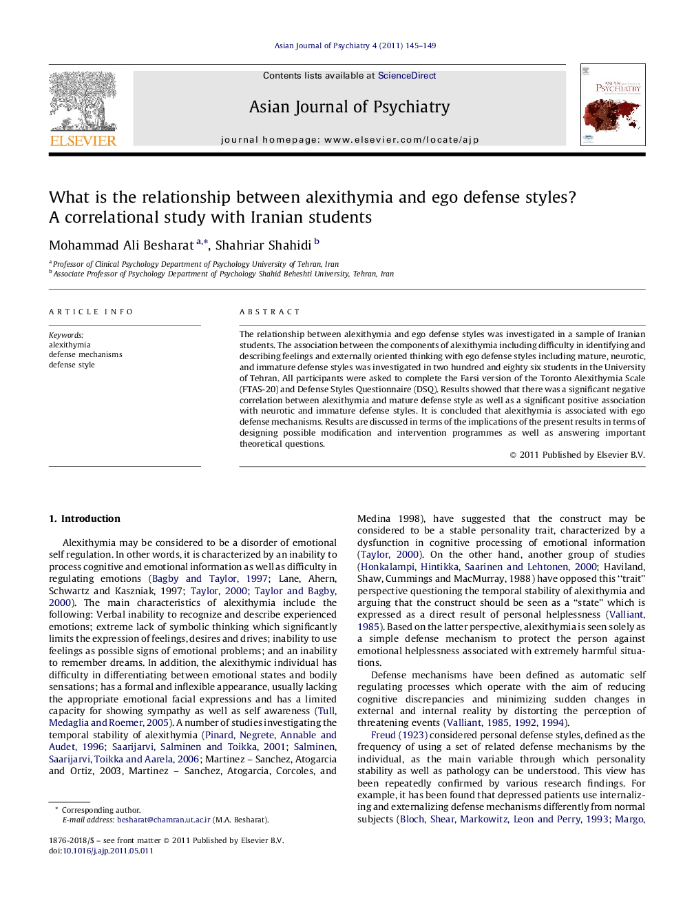 What is the relationship between alexithymia and ego defense styles? A correlational study with Iranian students