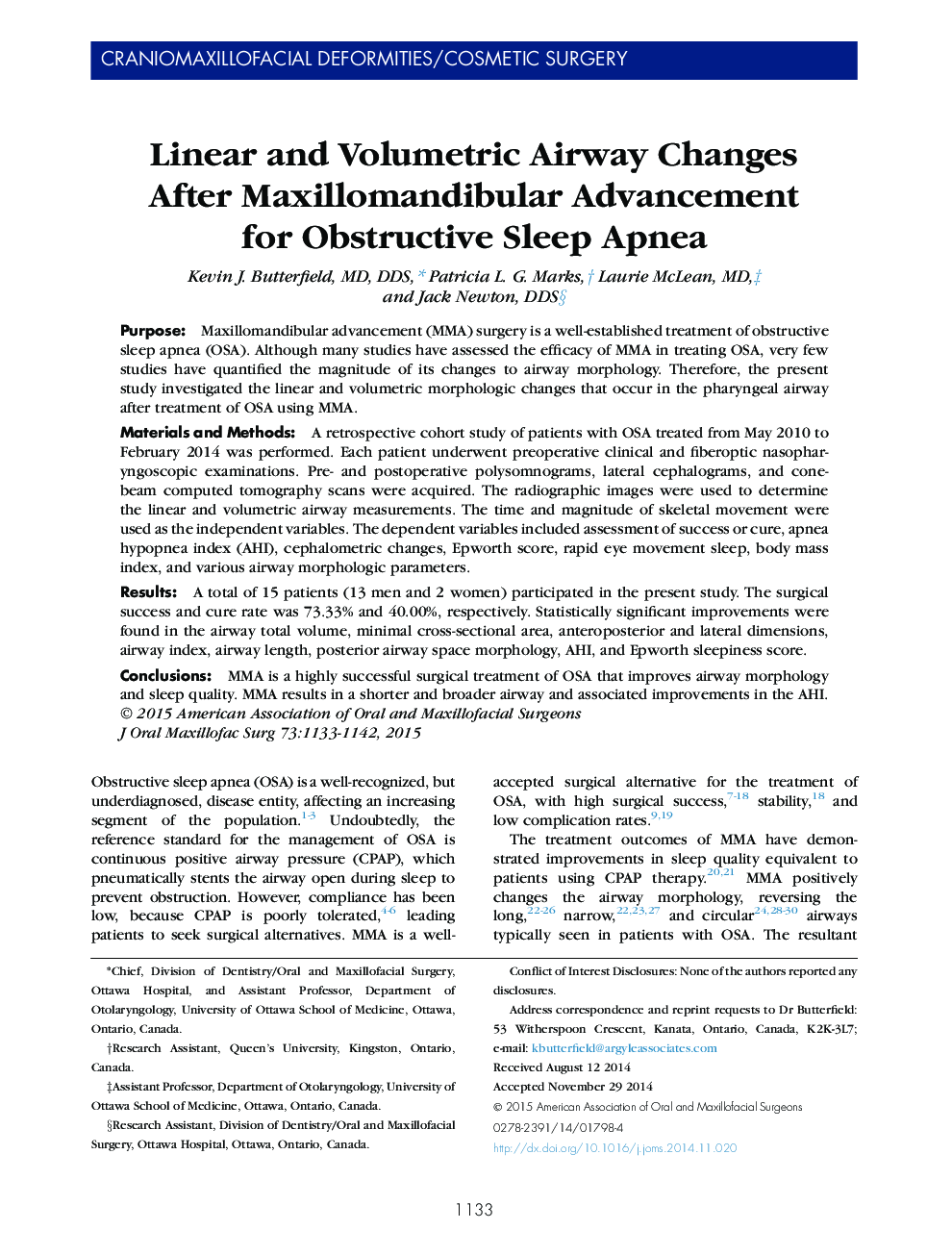 Linear and Volumetric Airway Changes After Maxillomandibular Advancement for Obstructive Sleep Apnea 