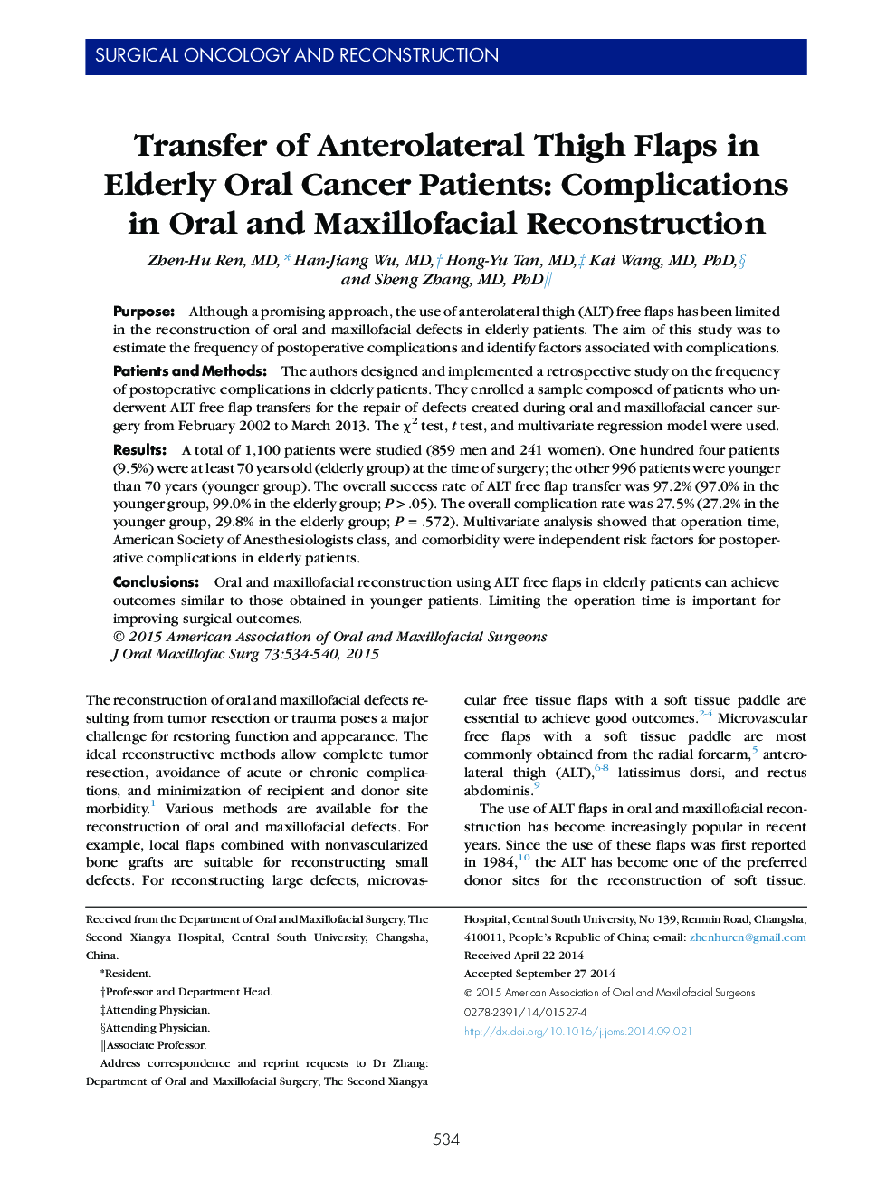 Transfer of Anterolateral Thigh Flaps in Elderly Oral Cancer Patients: Complications in Oral and Maxillofacial Reconstruction