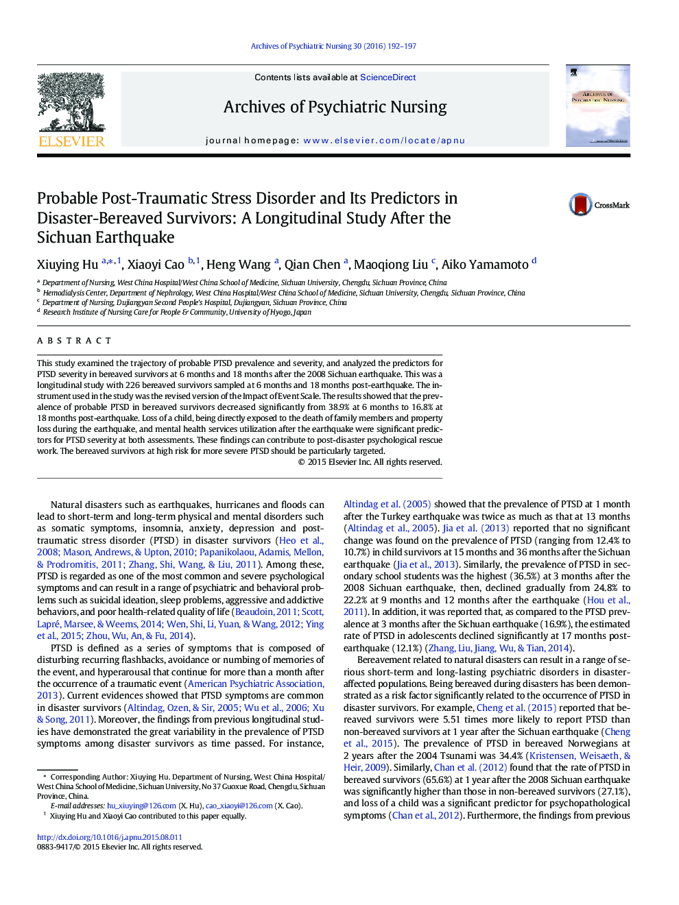 Probable Post-Traumatic Stress Disorder and Its Predictors in Disaster-Bereaved Survivors: A Longitudinal Study After the Sichuan Earthquake