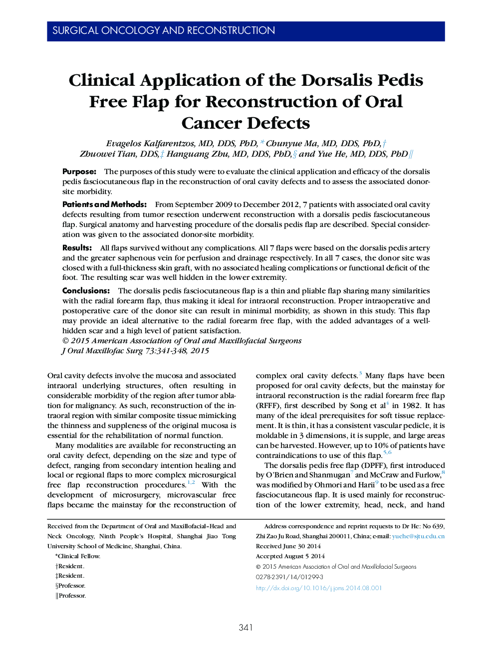 Clinical Application of the Dorsalis Pedis Free Flap for Reconstruction of Oral Cancer Defects