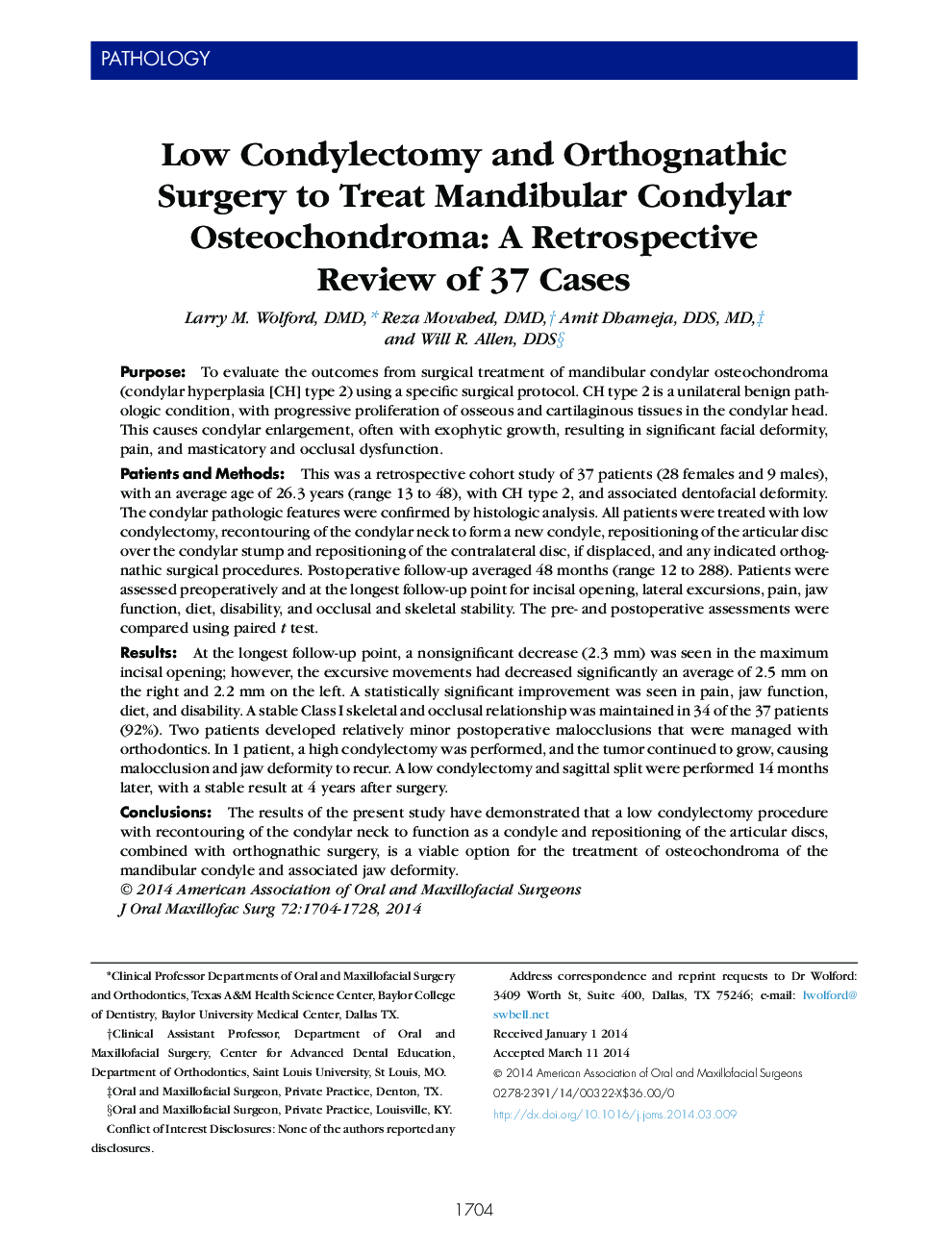 Low Condylectomy and Orthognathic Surgery to Treat Mandibular Condylar Osteochondroma: A Retrospective Review of 37 Cases 