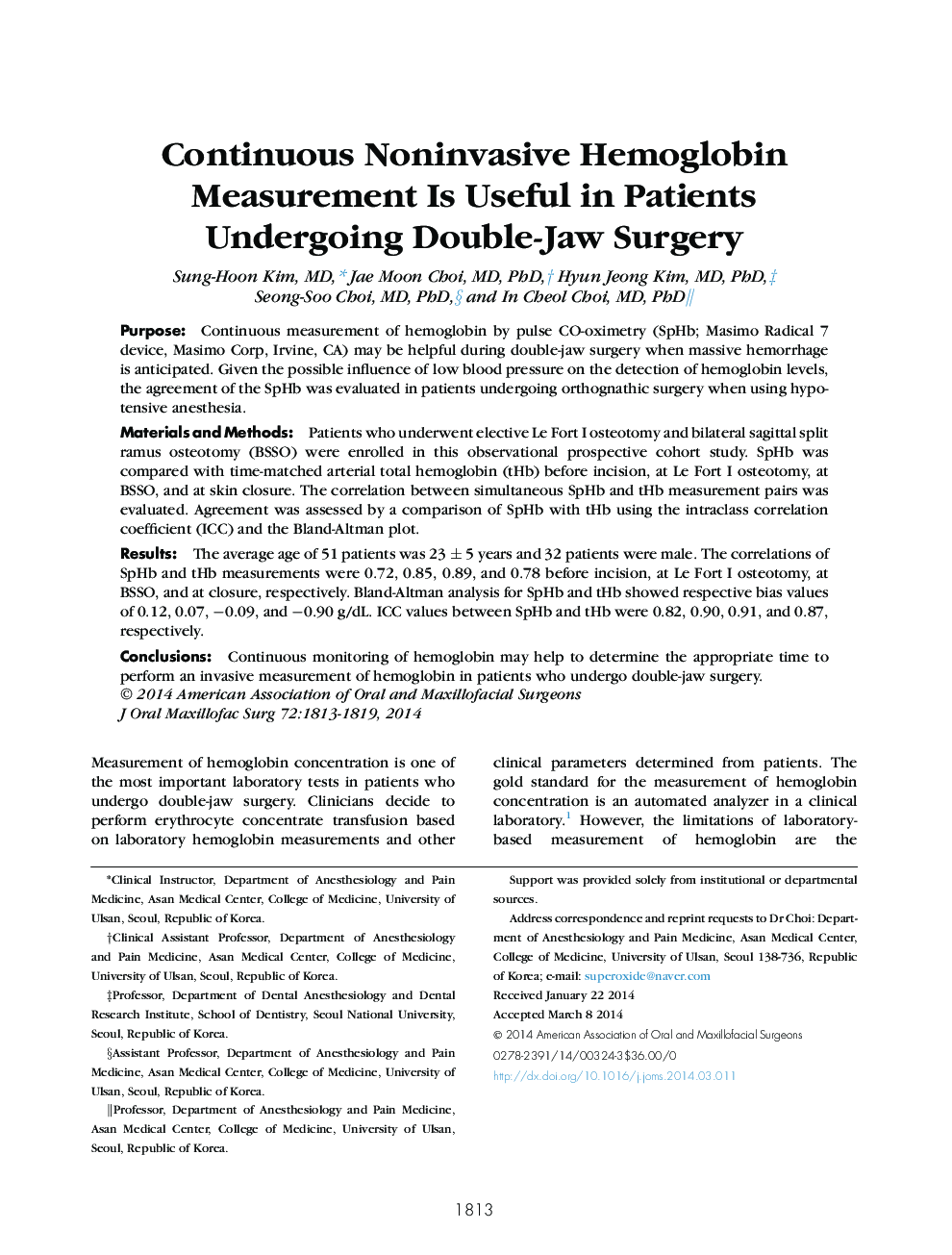Continuous Noninvasive Hemoglobin Measurement Is Useful in Patients Undergoing Double-Jaw Surgery 