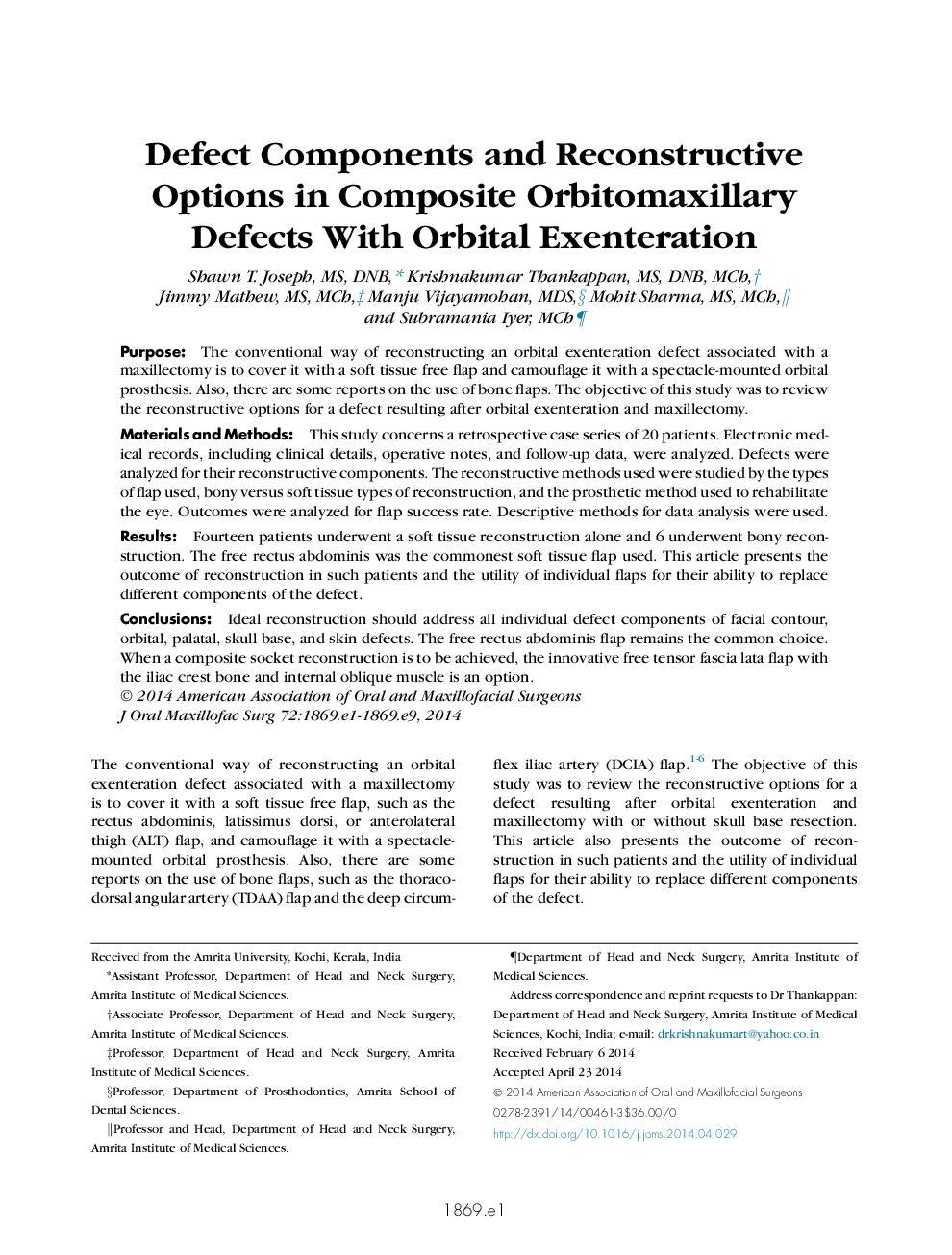 Defect Components and Reconstructive Options in Composite Orbitomaxillary Defects With Orbital Exenteration