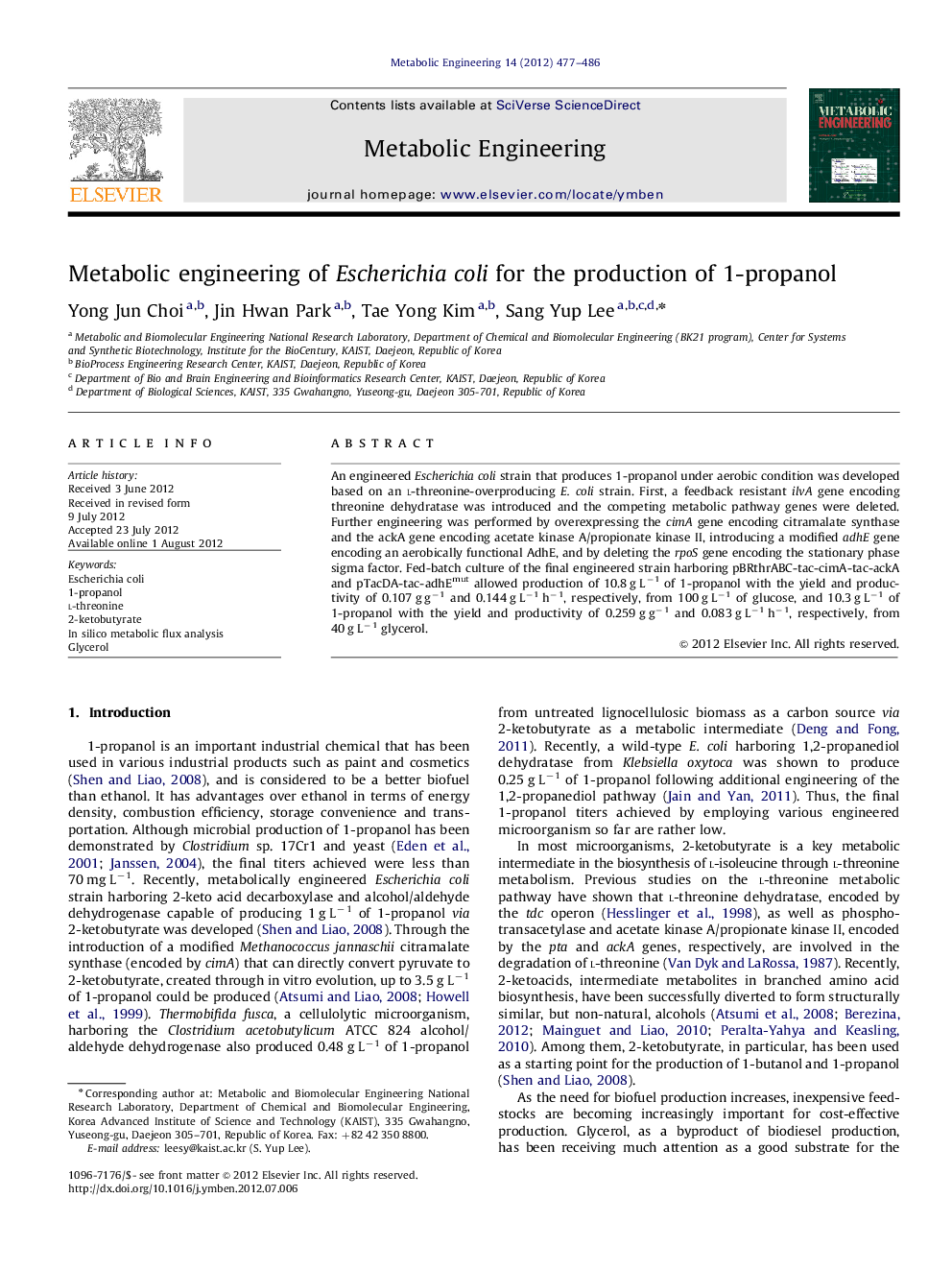 Metabolic engineering of Escherichia coli for the production of 1-propanol