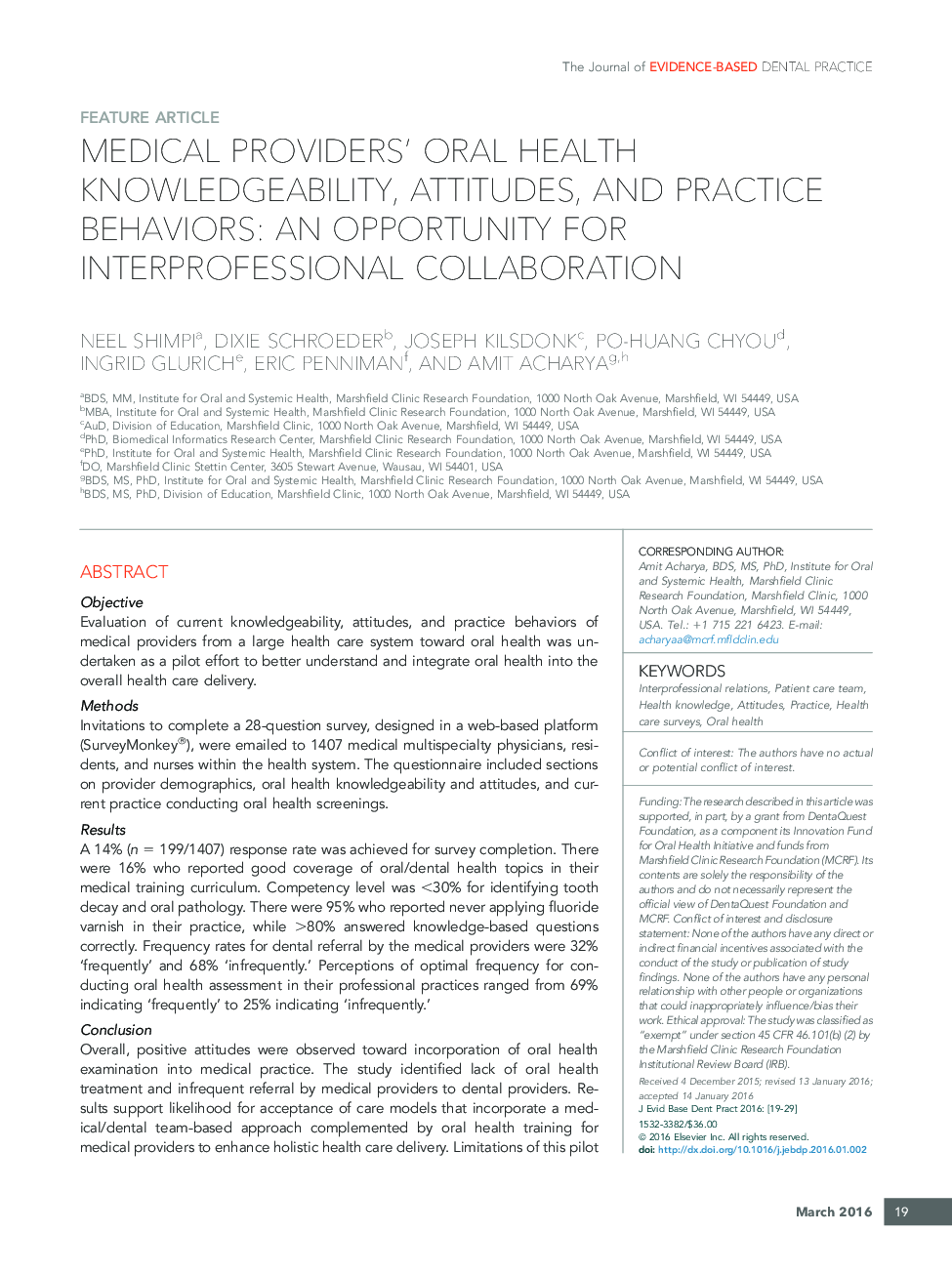 Medical Providers' Oral Health Knowledgeability, Attitudes, and Practice Behaviors: An Opportunity for Interprofessional Collaboration 