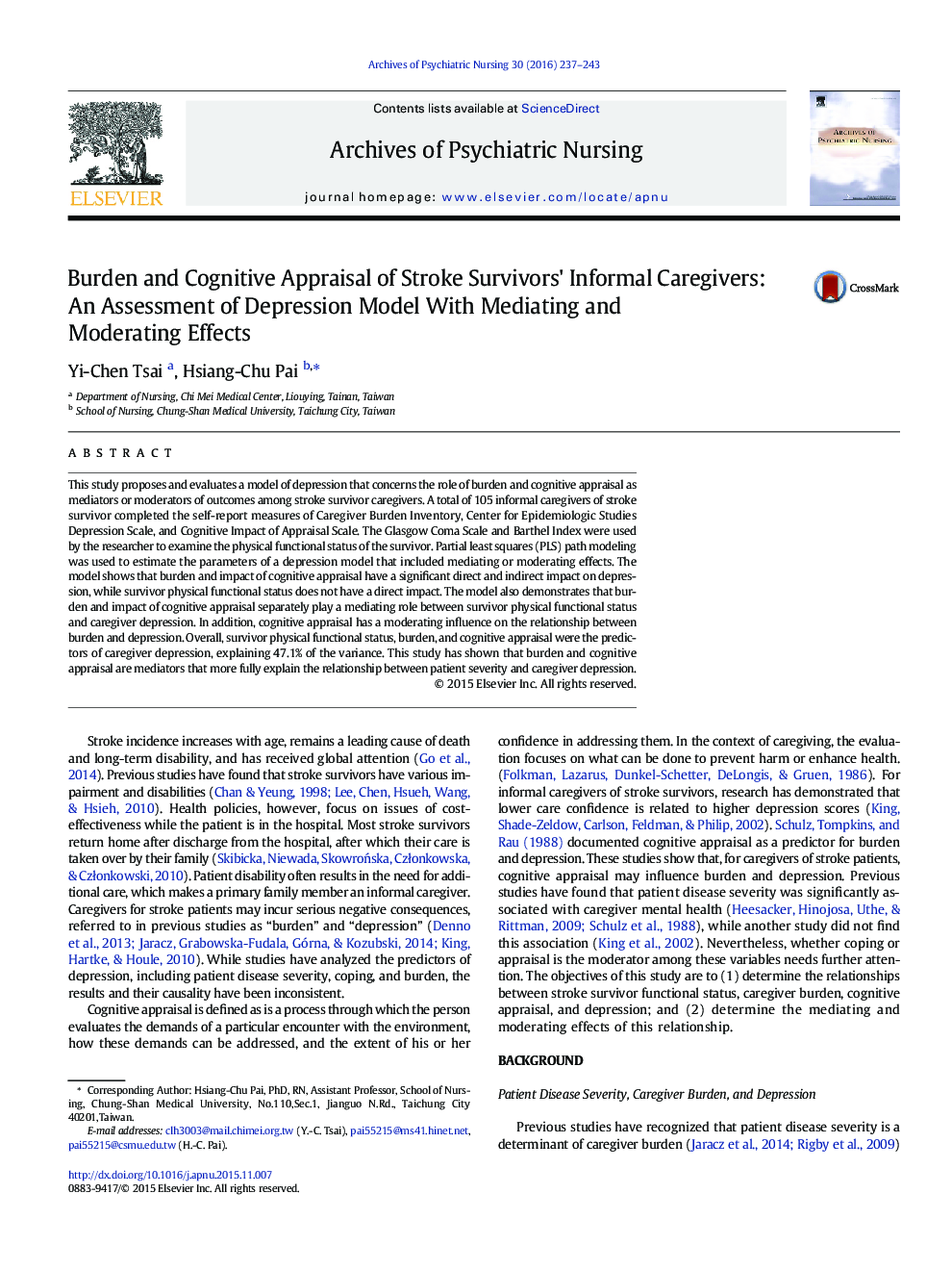 Burden and Cognitive Appraisal of Stroke Survivors' Informal Caregivers: An Assessment of Depression Model With Mediating and Moderating Effects
