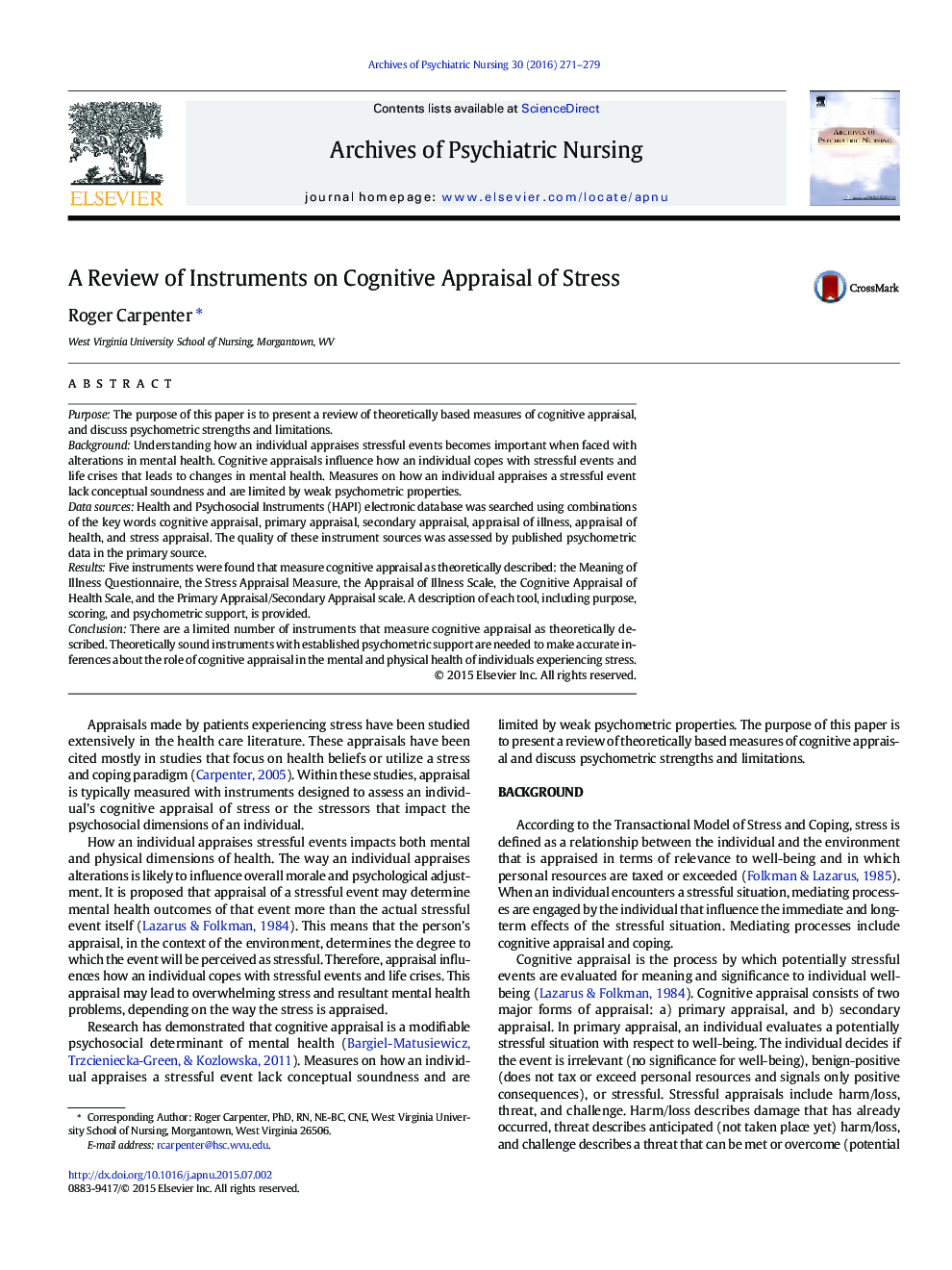 A Review of Instruments on Cognitive Appraisal of Stress