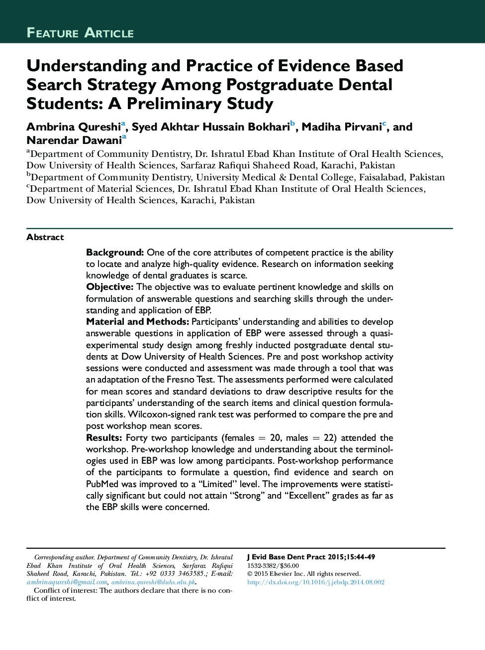 درک و عمل استراتژی جستجو مبتنی بر شواهد در میان دانش آموزان دندانپزشکی تحصیلات تکمیلی: یک مطالعه مقدماتی 