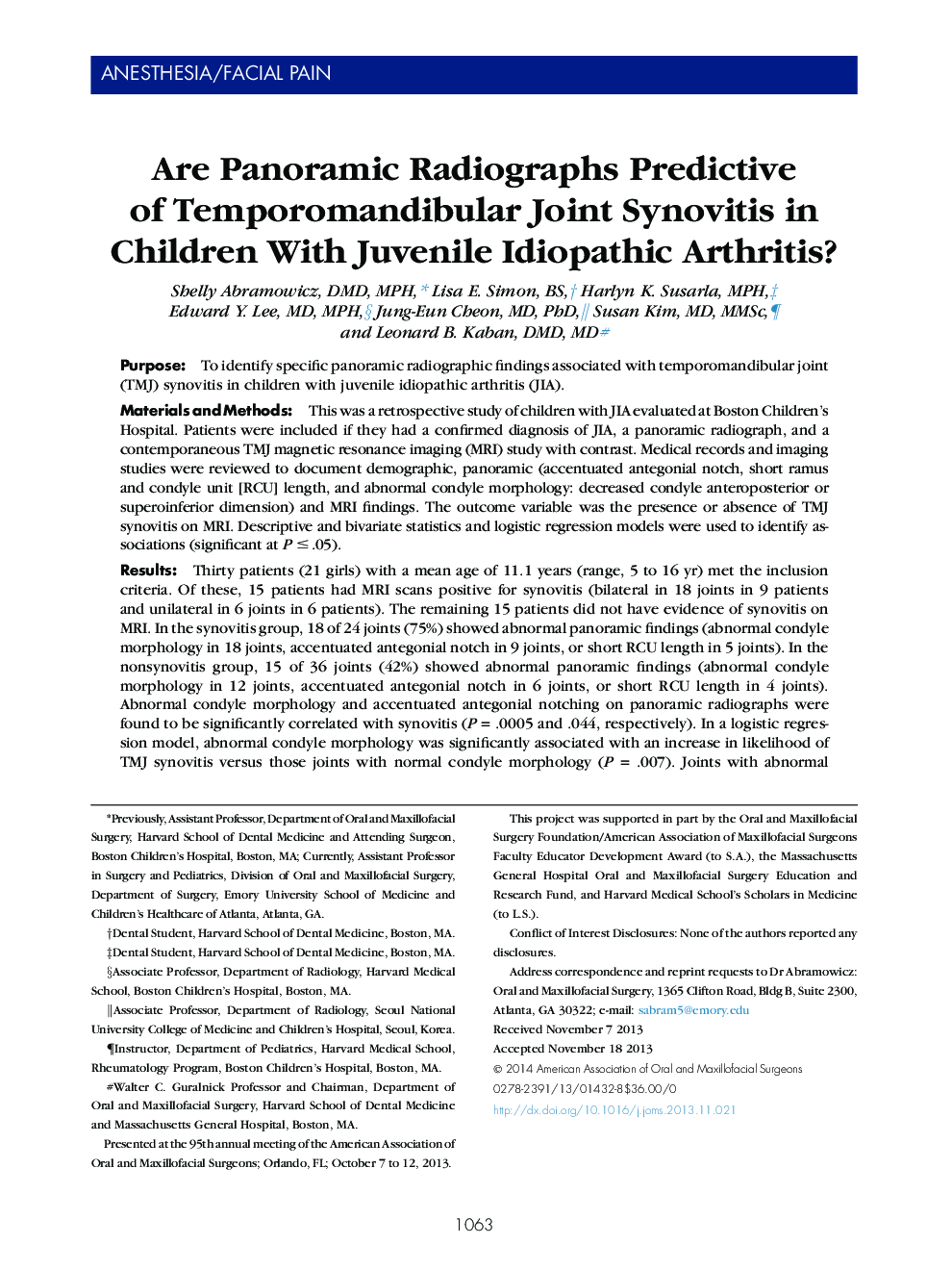 Are Panoramic Radiographs Predictive of Temporomandibular Joint Synovitis in Children With Juvenile Idiopathic Arthritis?