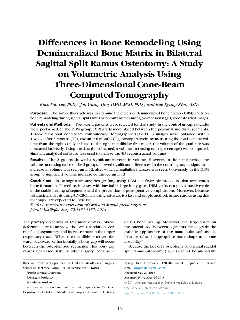 Differences in Bone Remodeling Using Demineralized Bone Matrix in Bilateral Sagittal Split Ramus Osteotomy: A Study on Volumetric Analysis Using Three-Dimensional Cone-Beam Computed Tomography