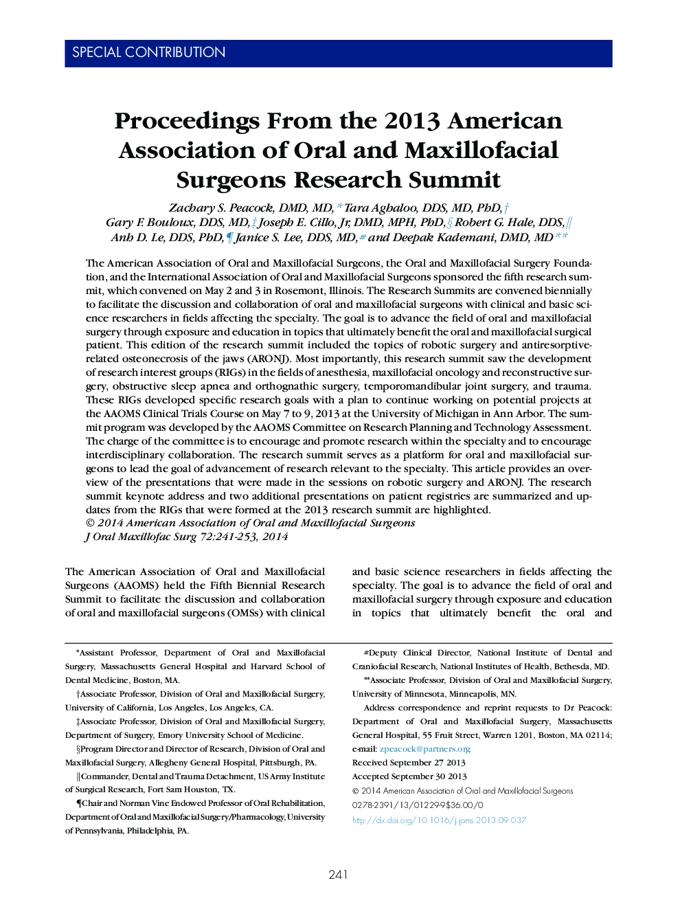 Proceedings From the 2013 American Association of Oral and Maxillofacial Surgeons Research Summit