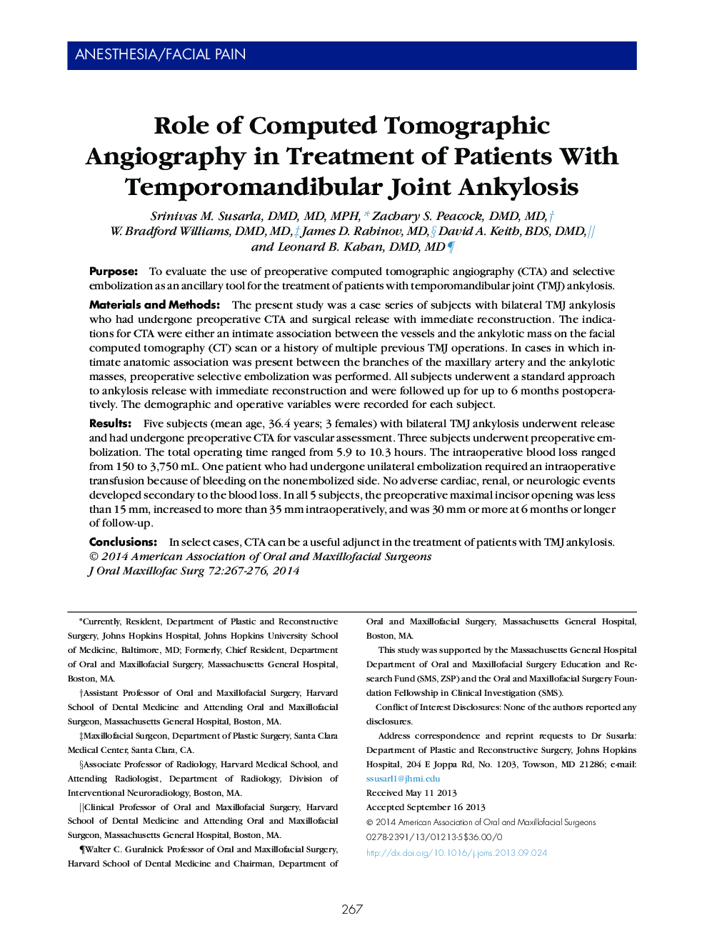 Role of Computed Tomographic Angiography in Treatment of Patients With Temporomandibular Joint Ankylosis