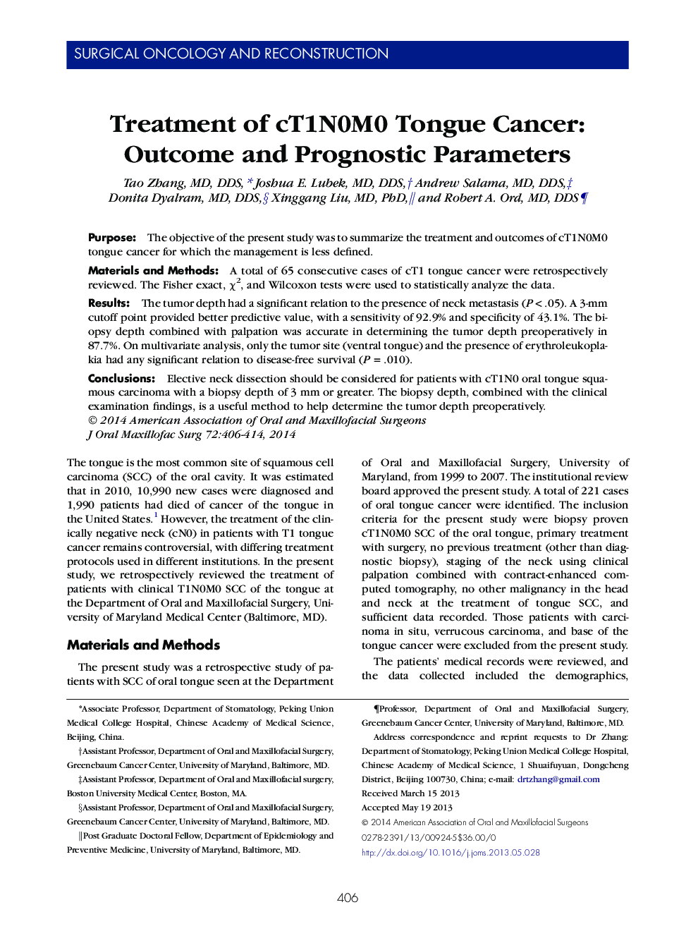 Treatment of cT1N0M0 Tongue Cancer: Outcome and Prognostic Parameters