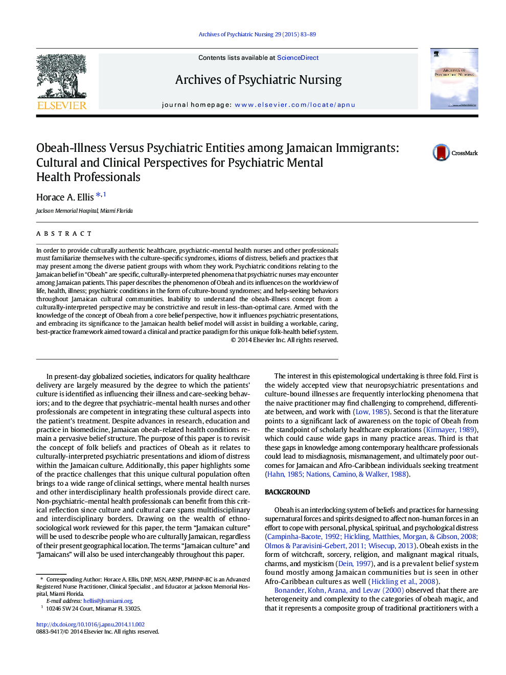 Obeah-Illness Versus Psychiatric Entities among Jamaican Immigrants: Cultural and Clinical Perspectives for Psychiatric Mental Health Professionals