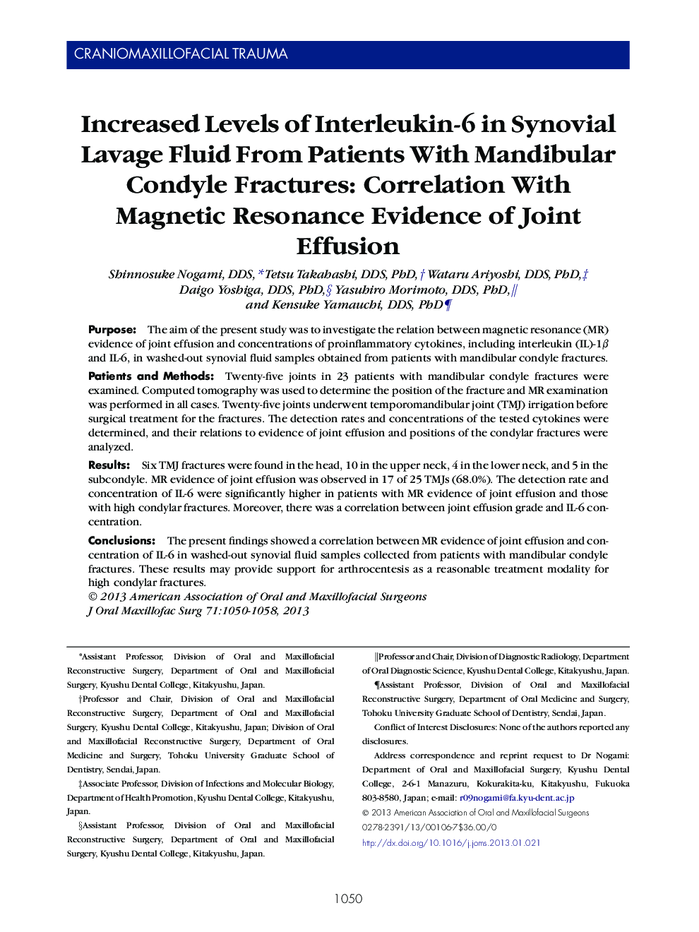 Increased Levels of Interleukin-6 in Synovial Lavage Fluid From Patients With Mandibular Condyle Fractures: Correlation With Magnetic Resonance Evidence of Joint Effusion 