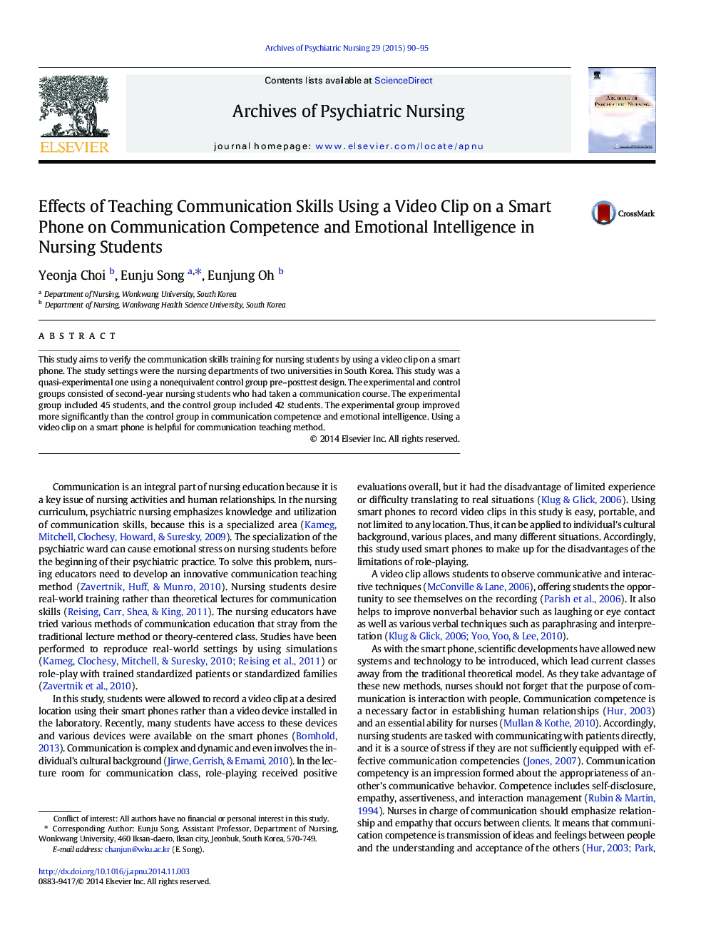 Effects of Teaching Communication Skills Using a Video Clip on a Smart Phone on Communication Competence and Emotional Intelligence in Nursing Students 